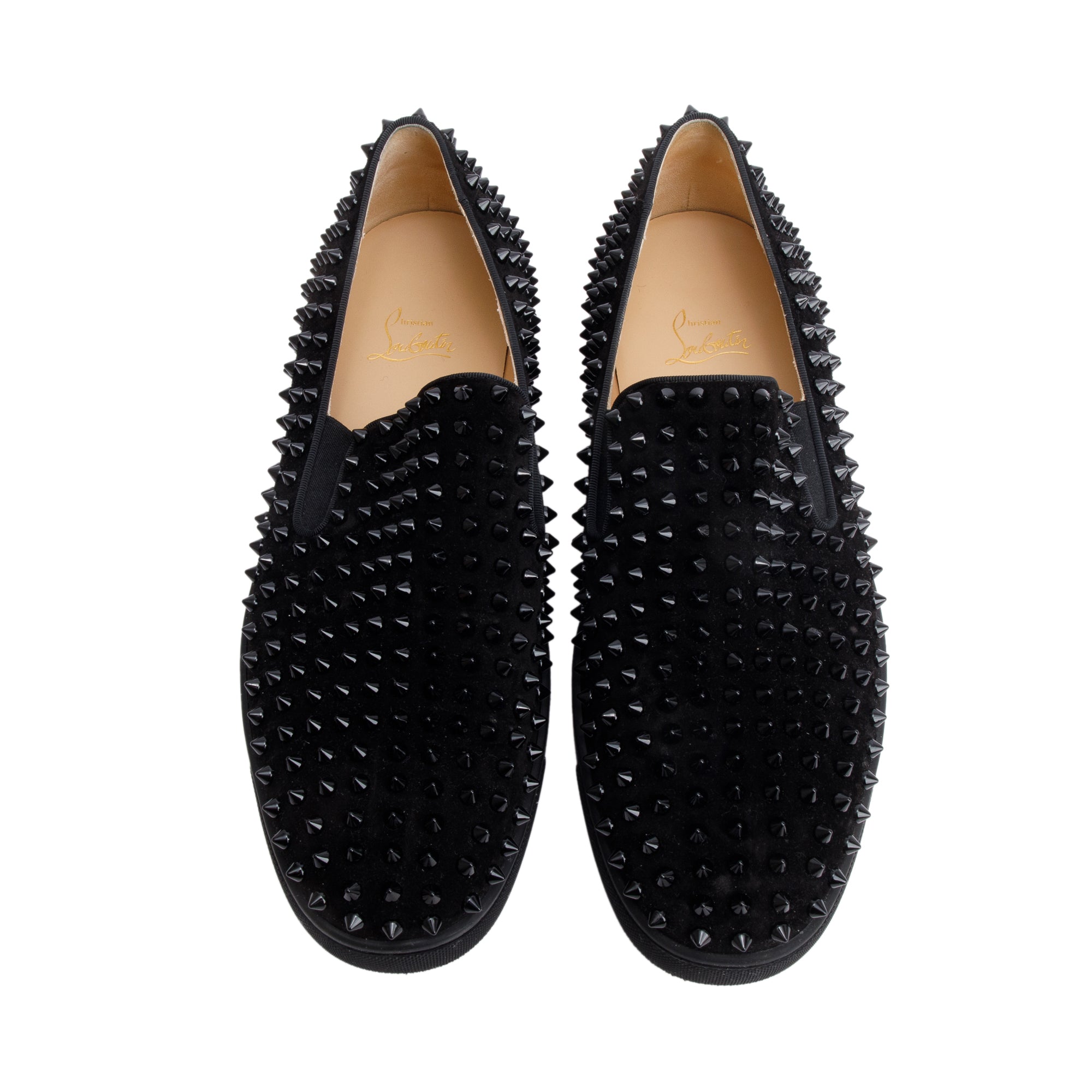 Christian Louboutin Black Velours Spike Roller Boat Slide Sneakers, Size 44.5 w/ Box