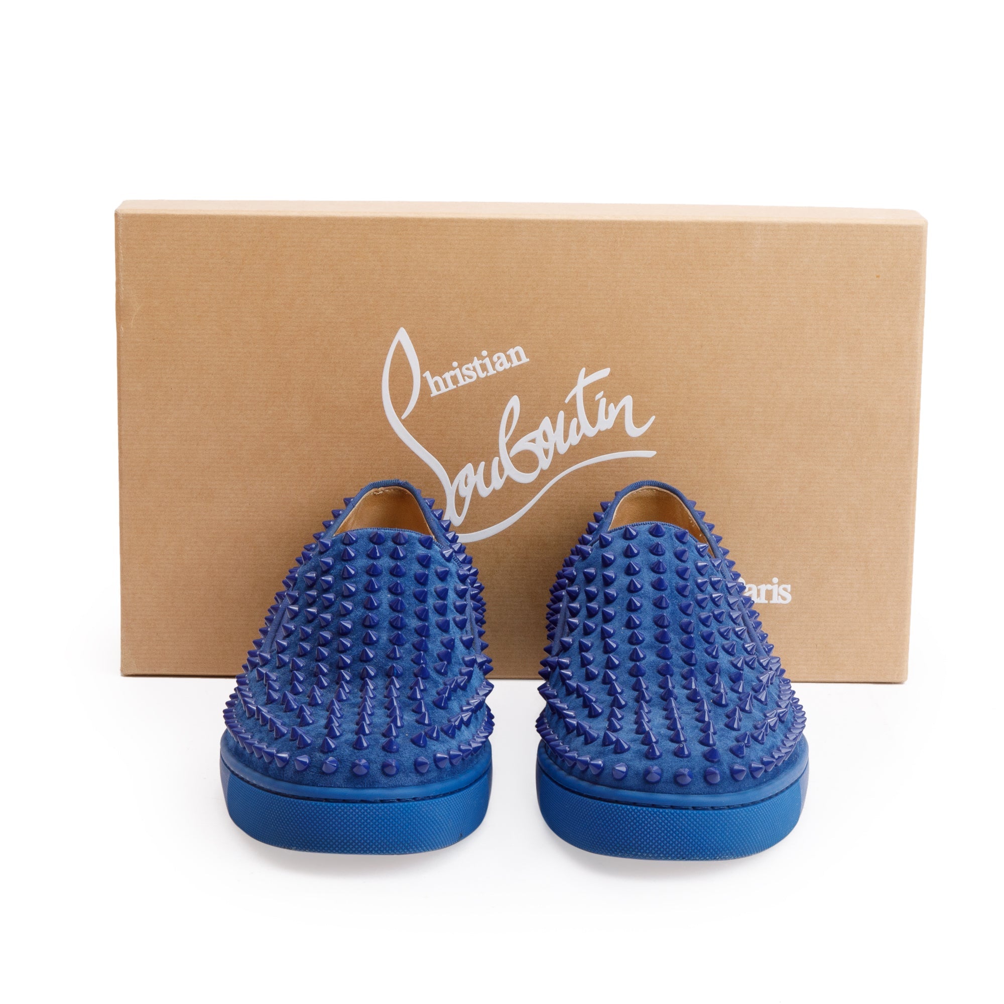 Christian Louboutin Blue Suede Spike Slide Sneakers, Size 44 w/ Box & Receipt