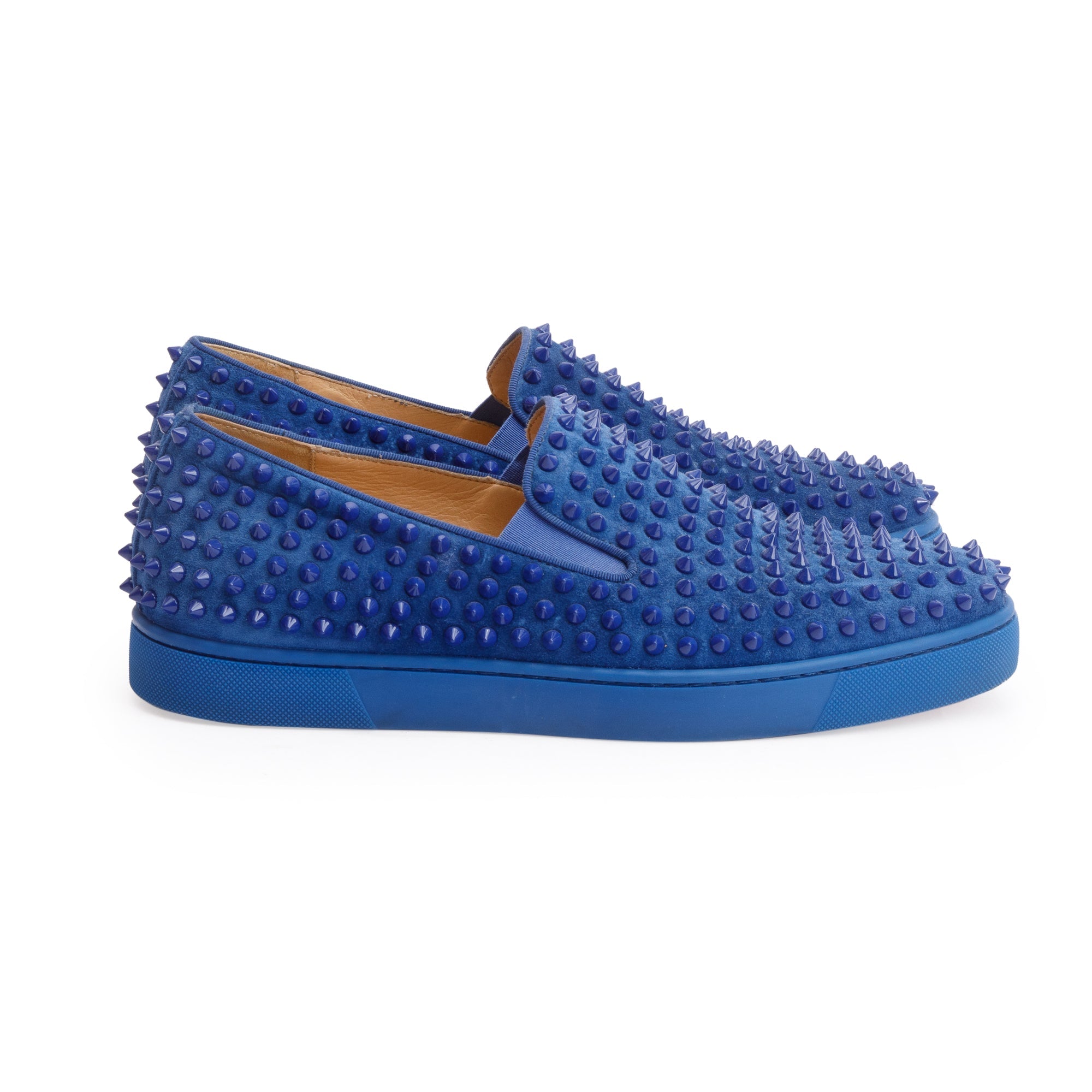 Christian Louboutin Blue Suede Spike Slide Sneakers, Size 44 w/ Box & Receipt