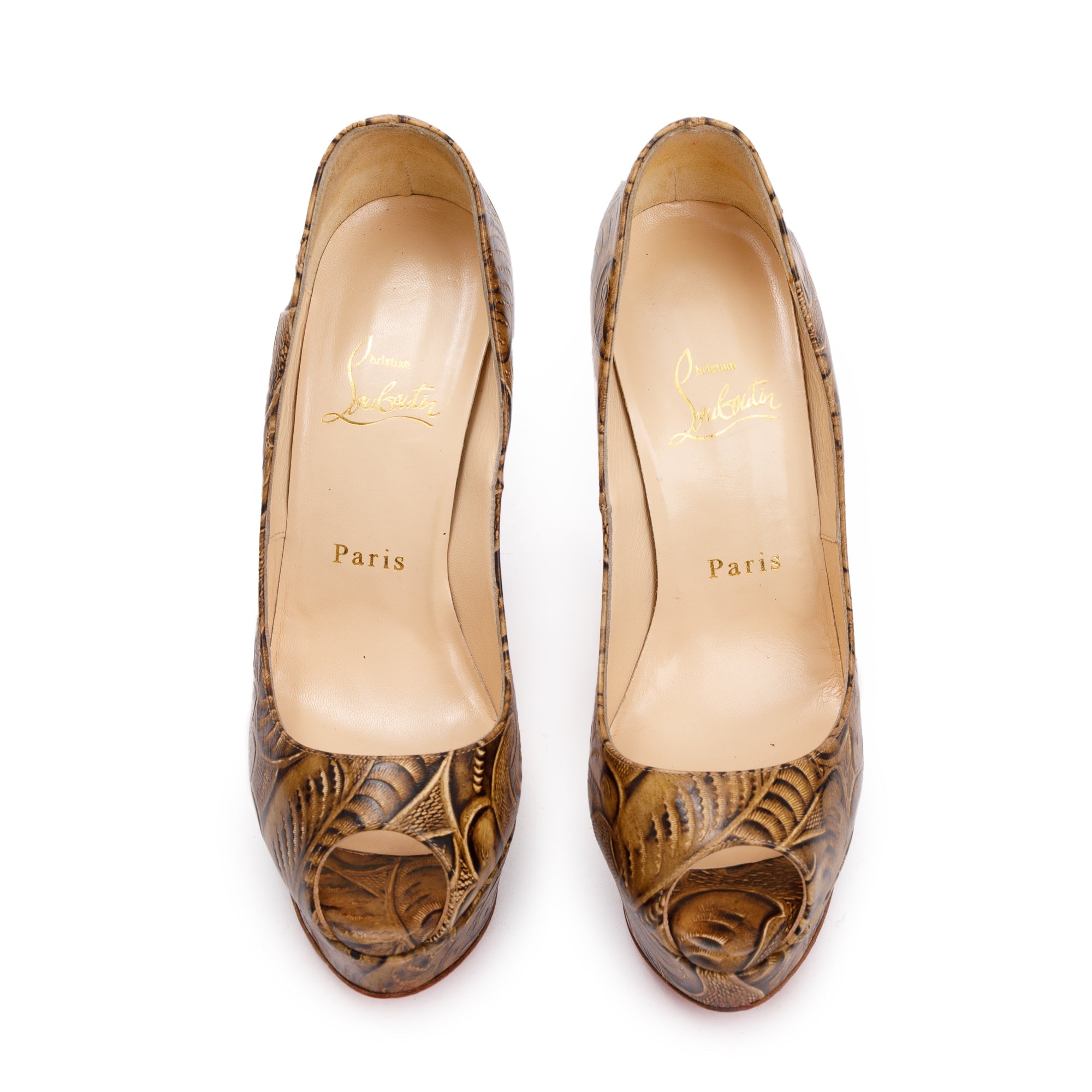 Christian Louboutin Brown Animal Print Leather Lady Peep Pumps, Size 37
