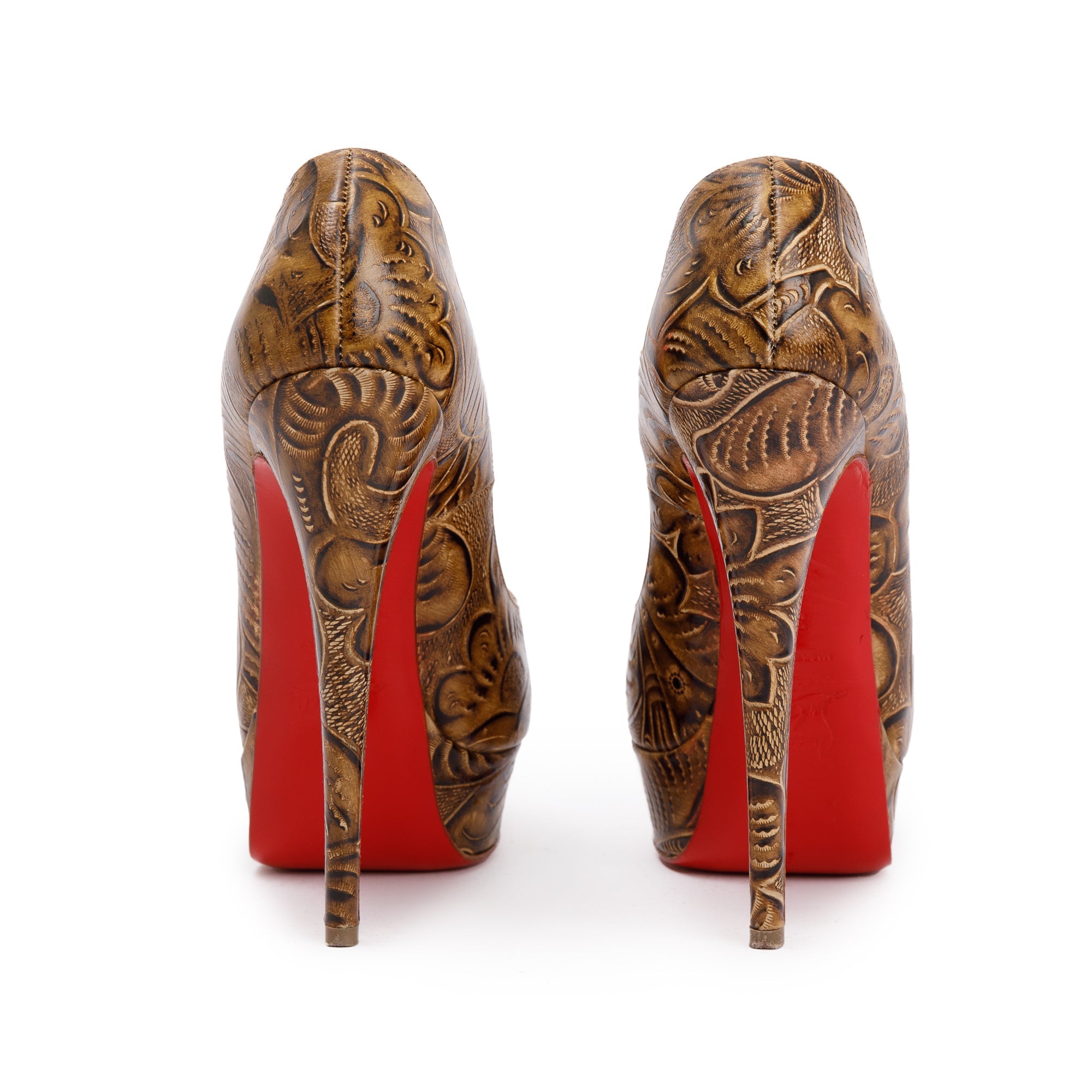Christian Louboutin Brown Animal Print Leather Lady Peep Pumps, Size 37