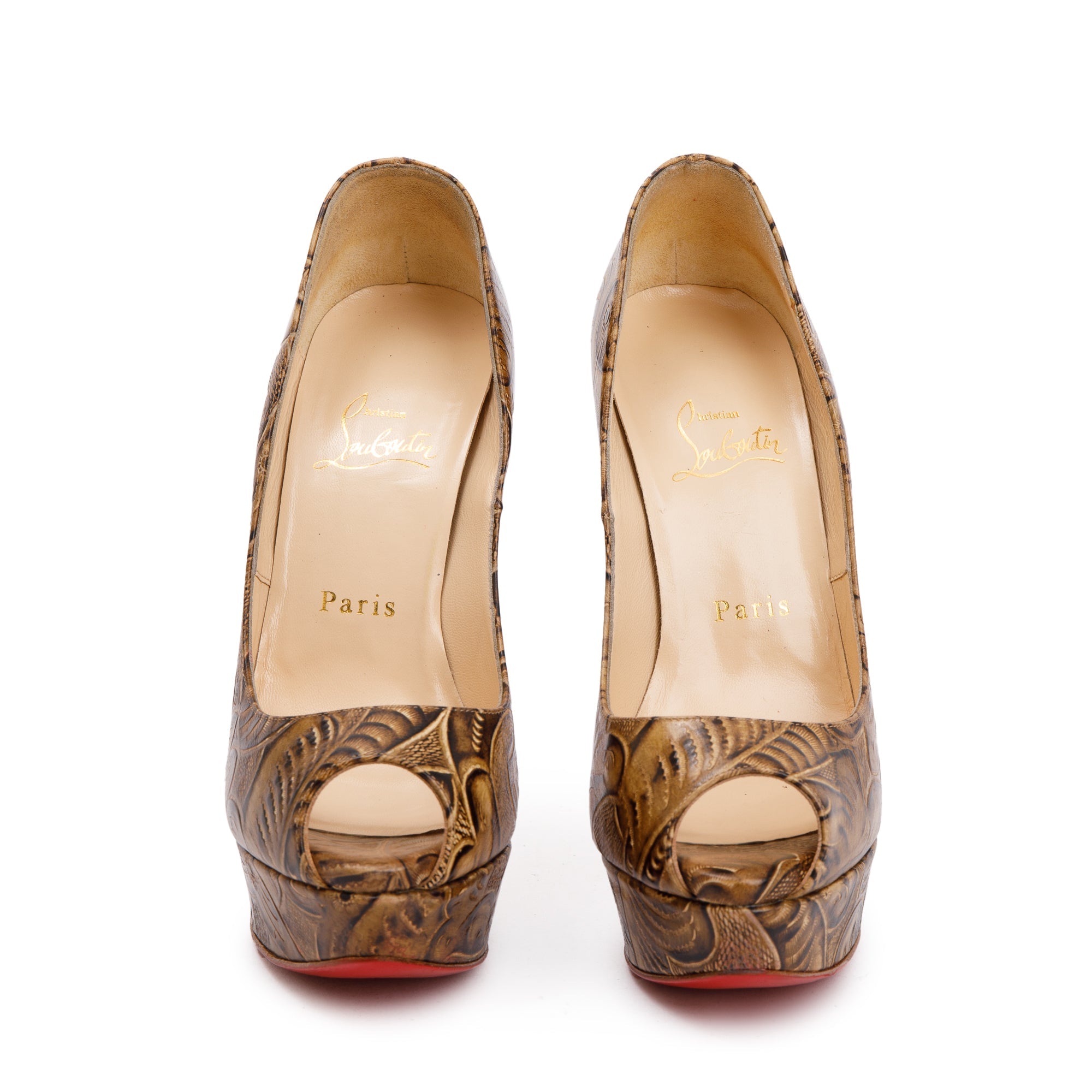 Christian Louboutin Brown Animal Print Leather Lady Peep Pumps, Size 37