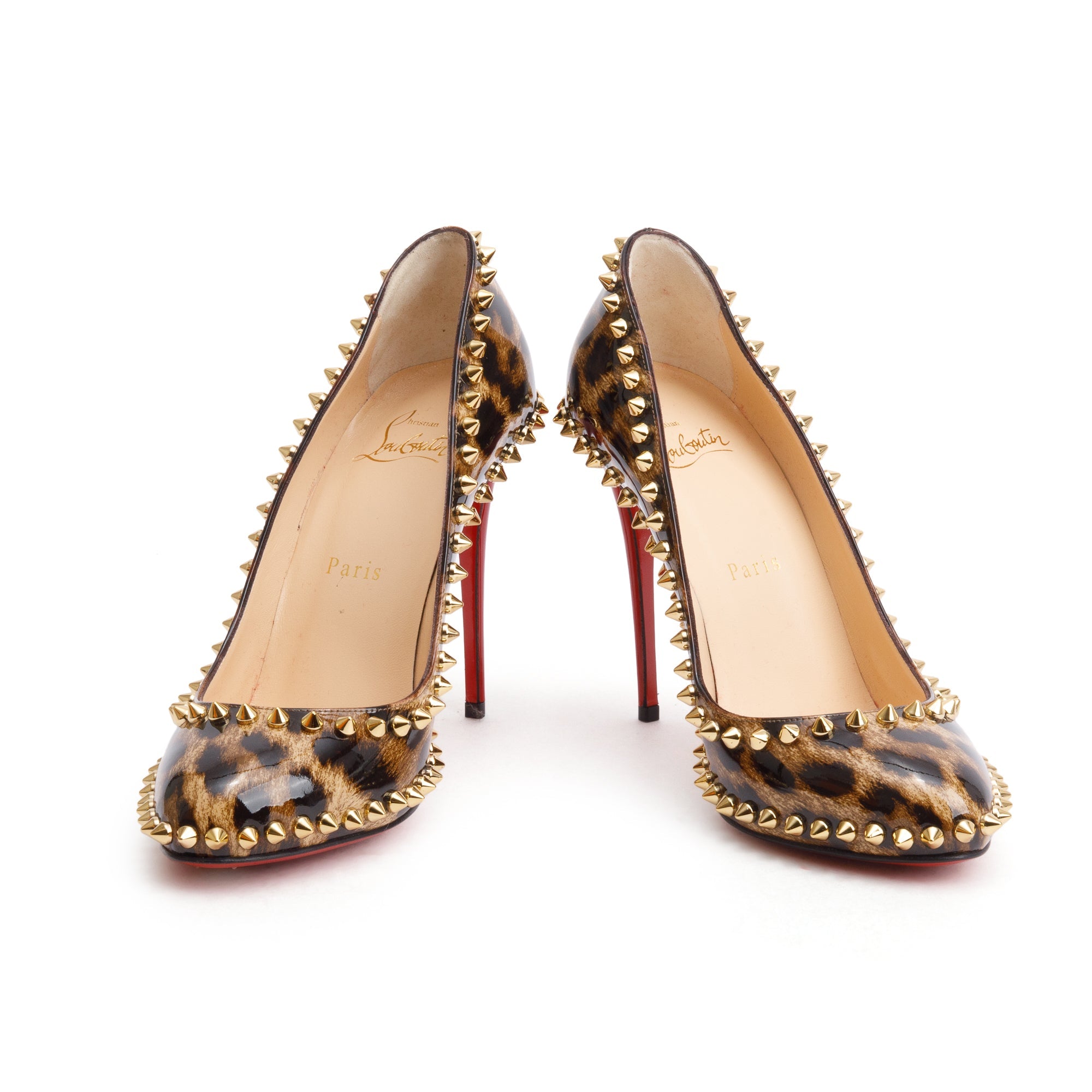 Christian Louboutin Brown Leopard Print Patent Leather Dorispiky 100 Pumps, Size 37.5 w/ Box