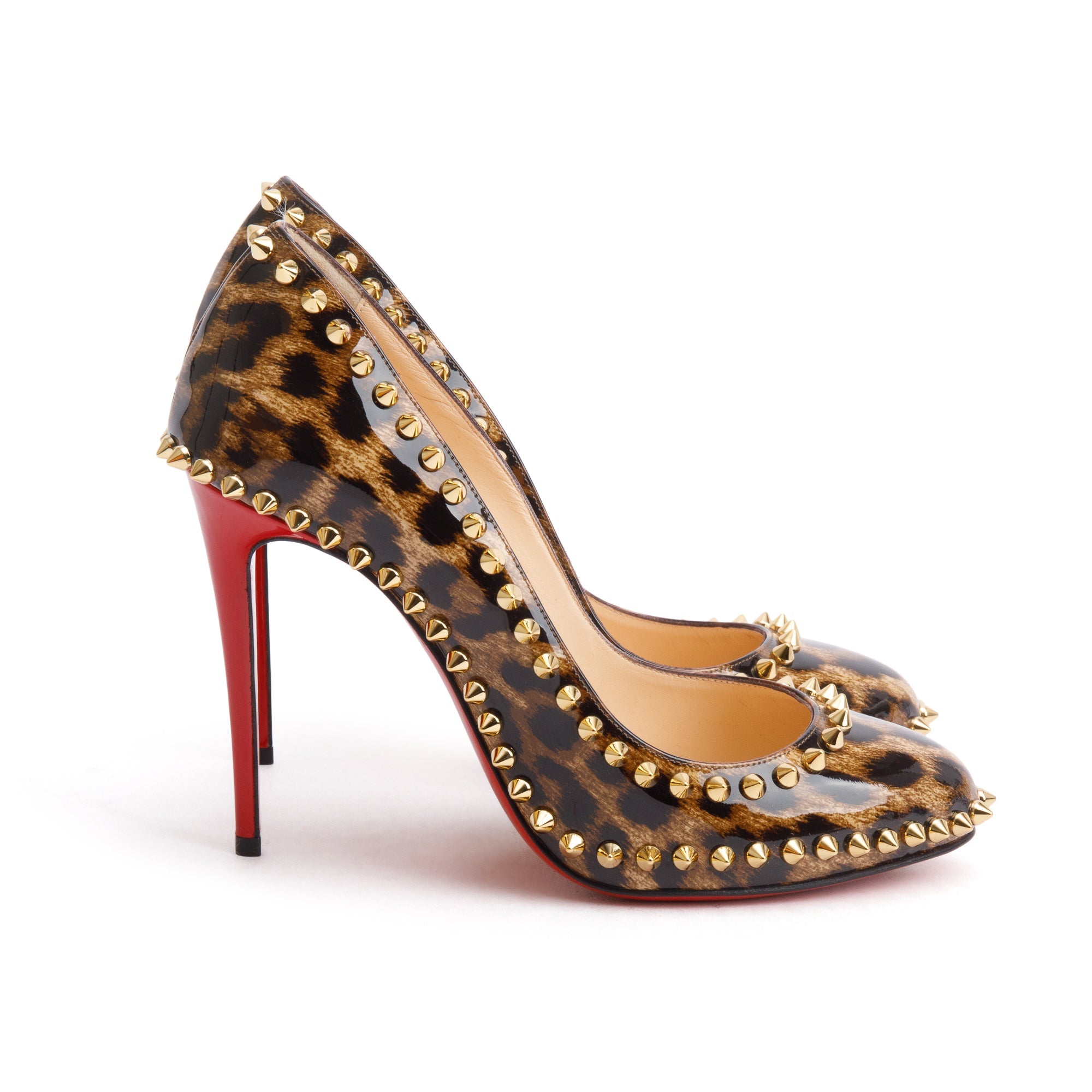 Christian Louboutin Brown Leopard Print Patent Leather Dorispiky 100 Pumps, Size 37.5 w/ Box