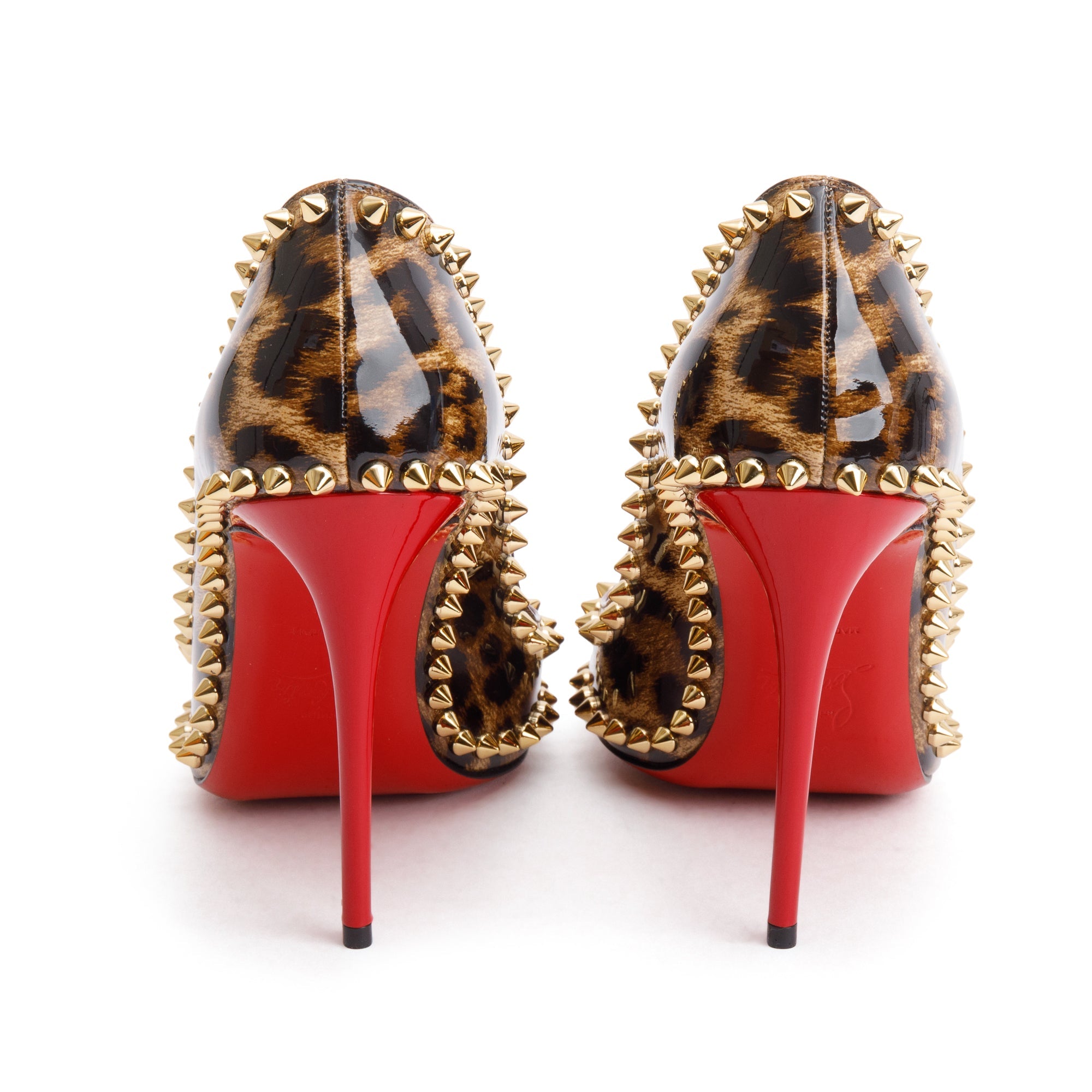 Christian Louboutin Brown Leopard Print Patent Leather Dorispiky 100 Pumps, Size 37.5 w/ Box