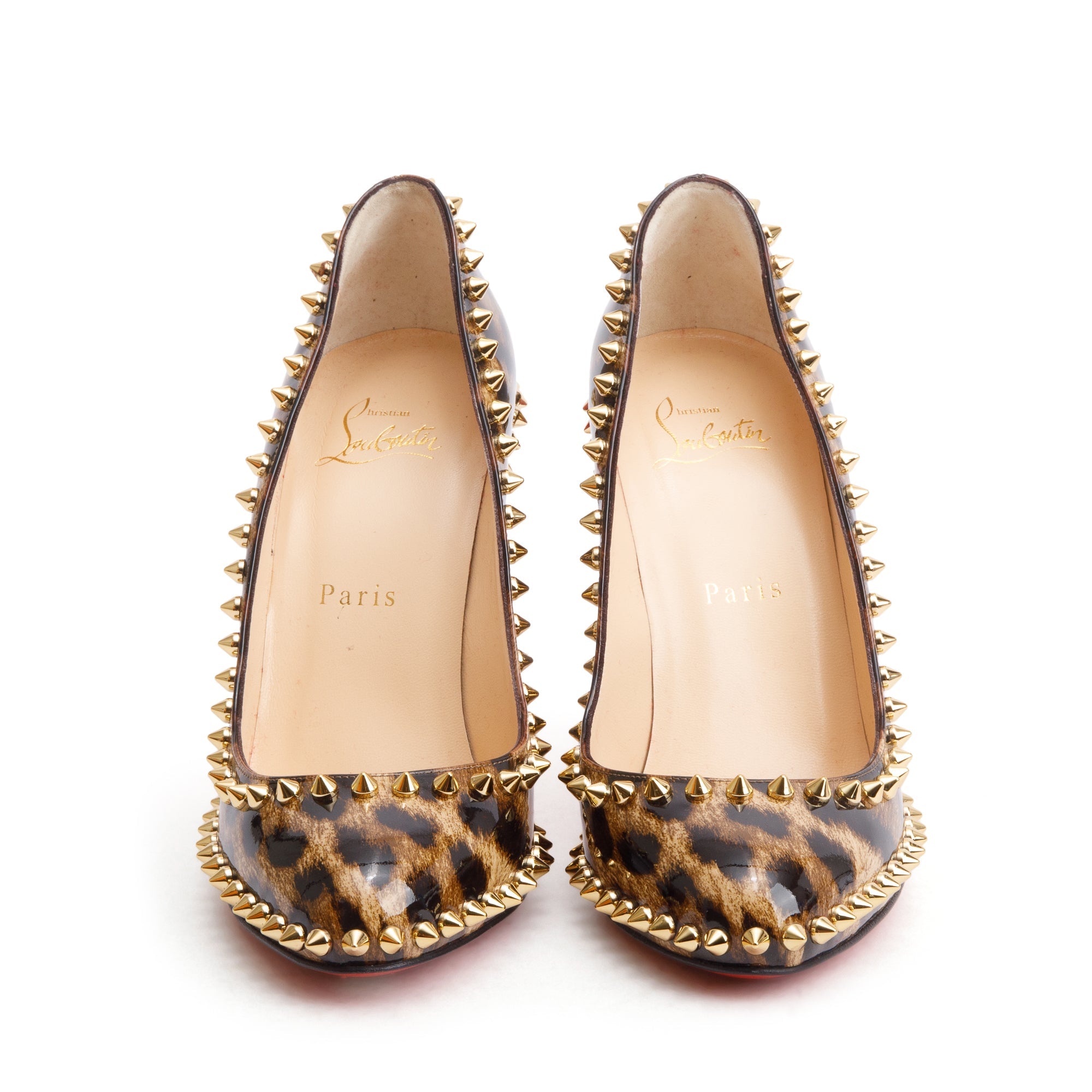 Christian Louboutin Brown Leopard Print Patent Leather Dorispiky 100 Pumps, Size 37.5 w/ Box
