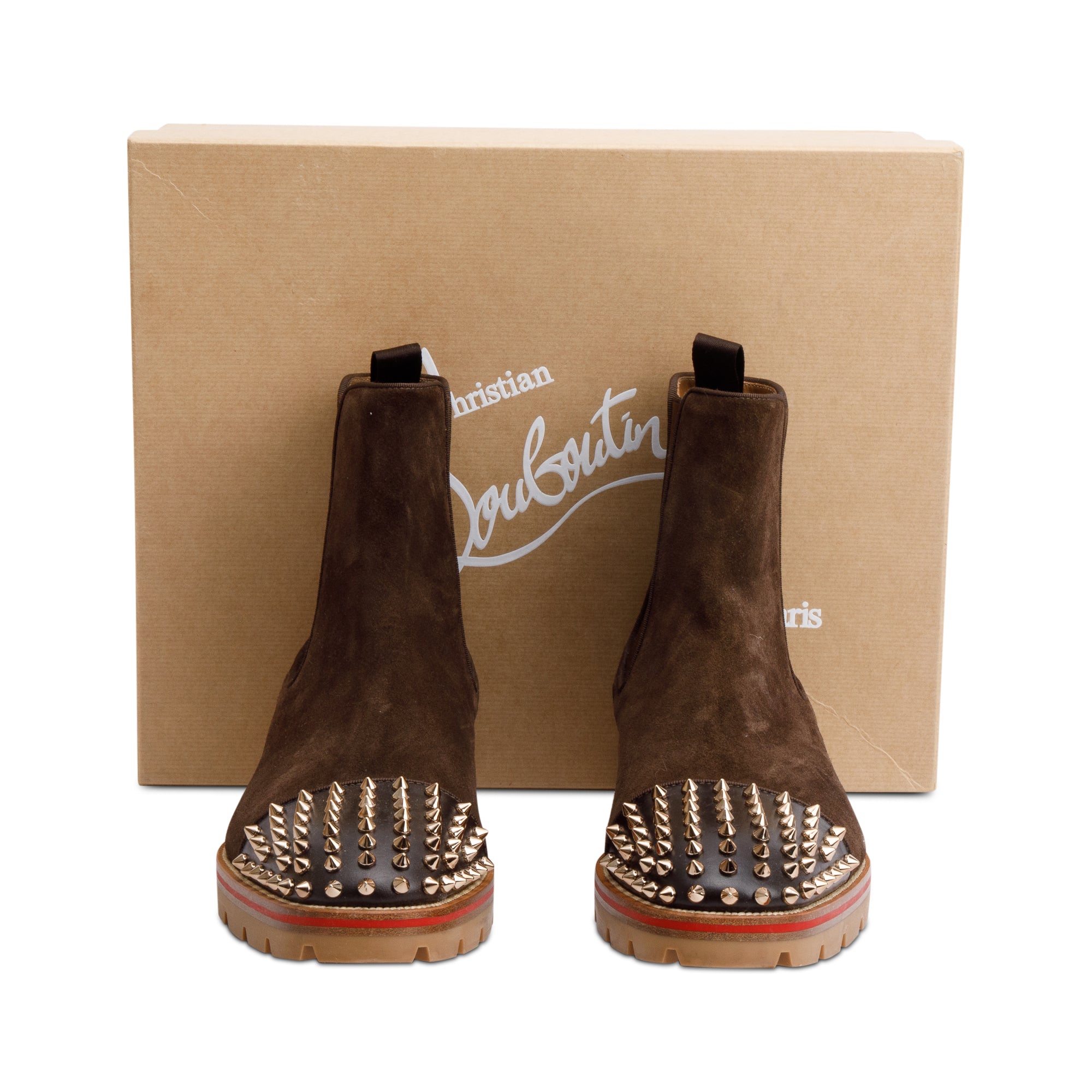 Christian Louboutin Brown Suede Melon Spikes Chelsea Boots, Size 43.5 w/ Box