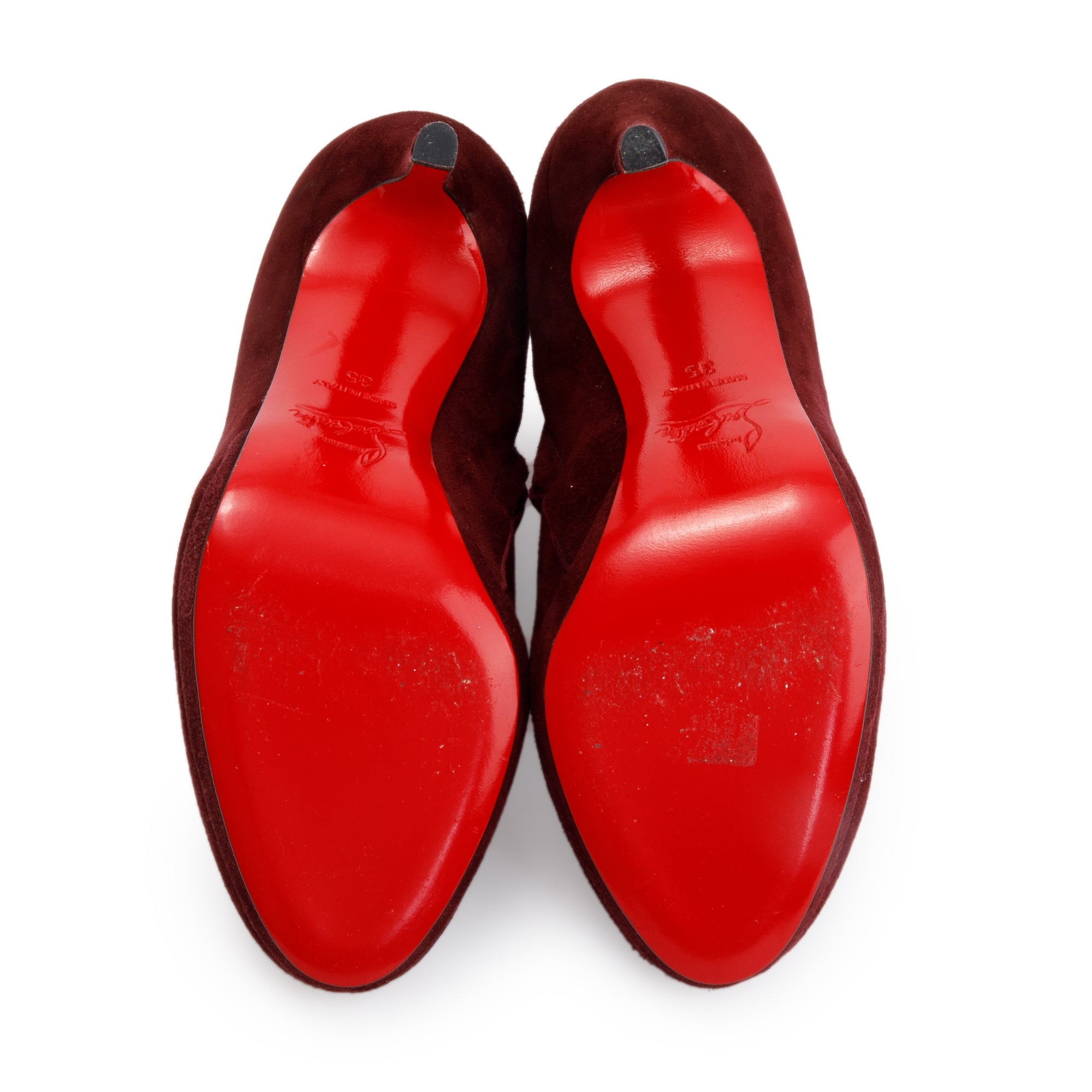 Christian Louboutin Burgundy Suede So Kate 100 Boots, Size 35 w/ Box