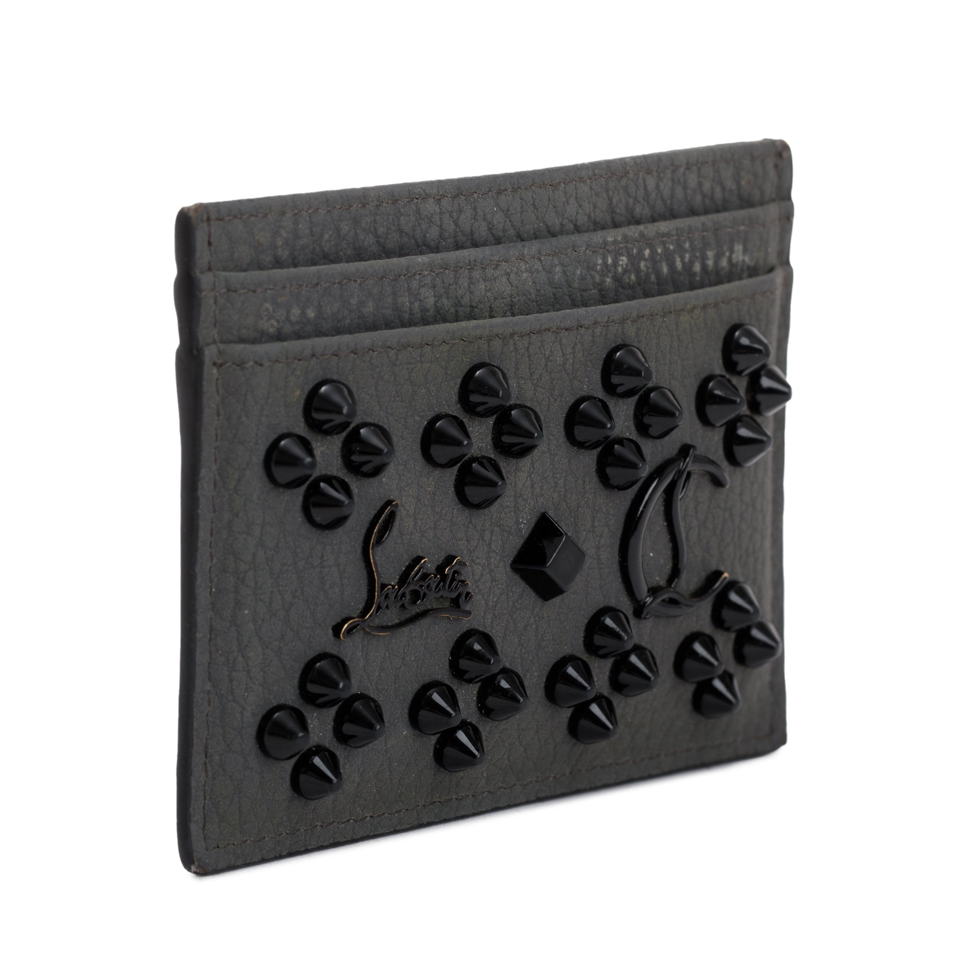 Christian Louboutin Grey Calfskin Leather Kios Spiked Card Holder