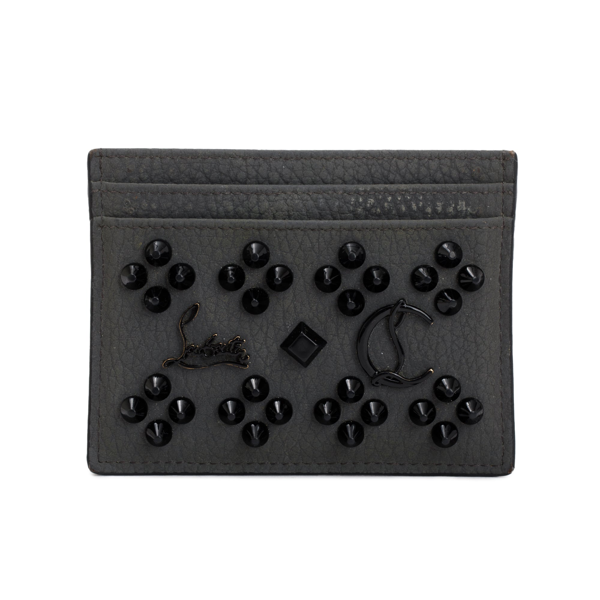 Christian Louboutin Grey Calfskin Leather Kios Spiked Card Holder