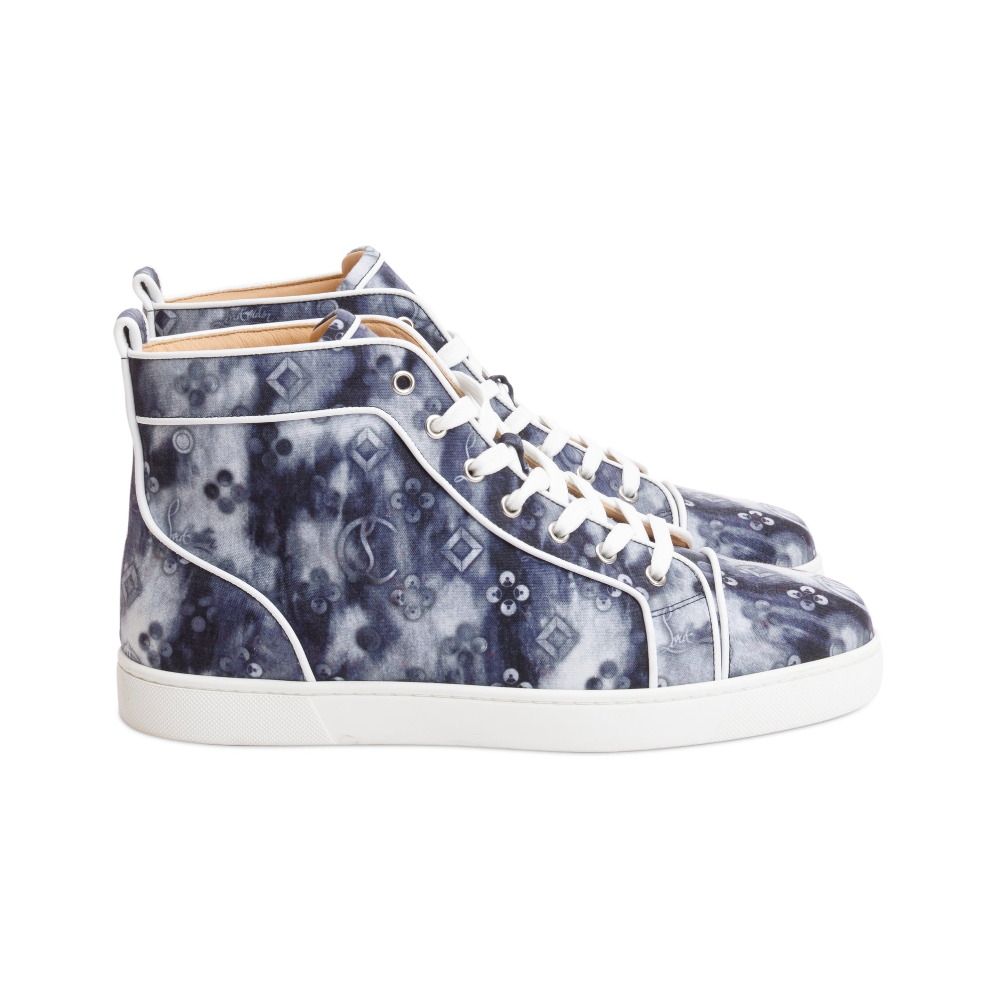 Christian Louboutin Grey Printed Canvas Louis Melon Spikes Orlato High-Top Sneakers, Size 43.5 w/ Box