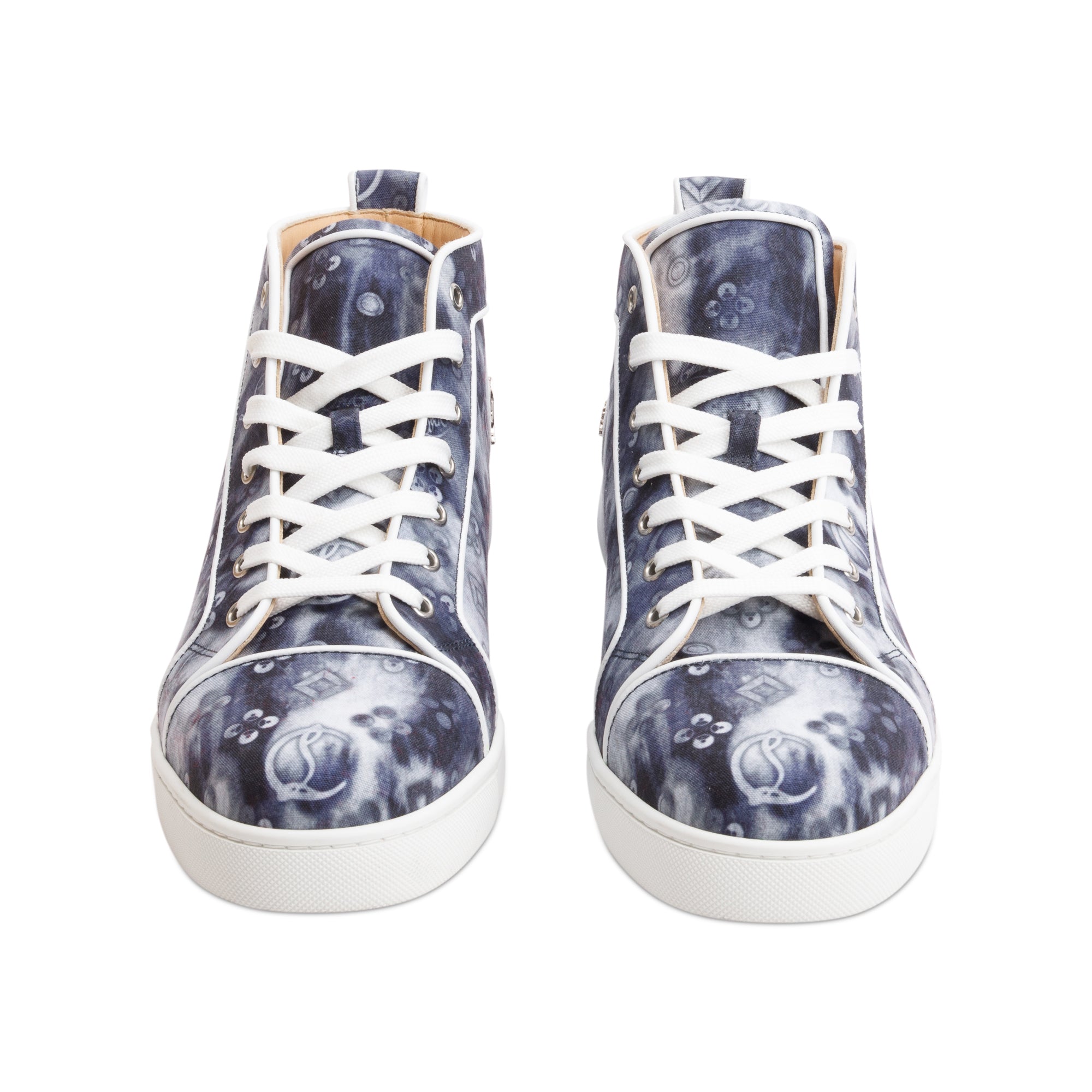 Christian Louboutin Grey Printed Canvas Louis Melon Spikes Orlato High-Top Sneakers, Size 43.5 w/ Box