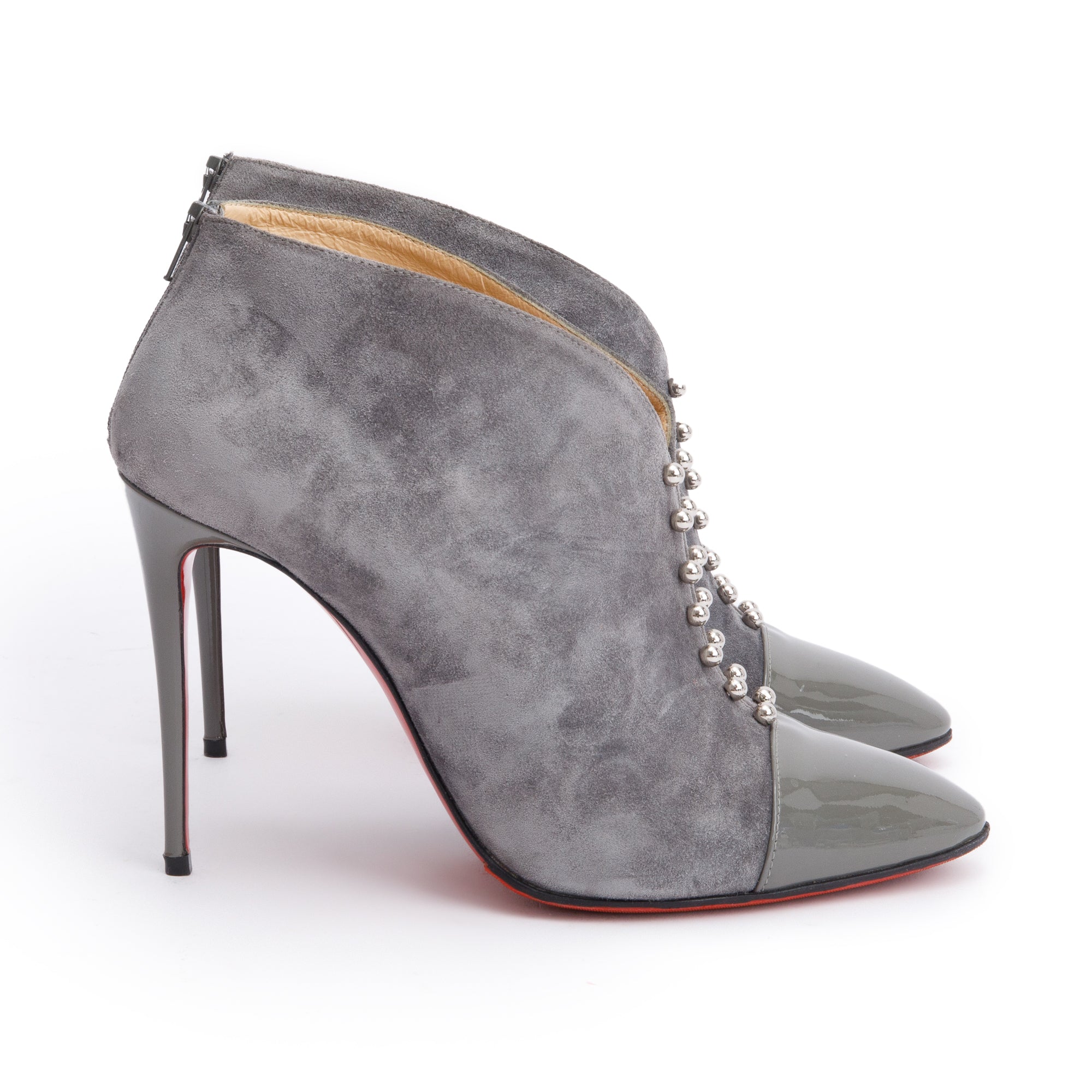 Christian Louboutin Grey Suede Studded Lace-Up Boots, Size 38