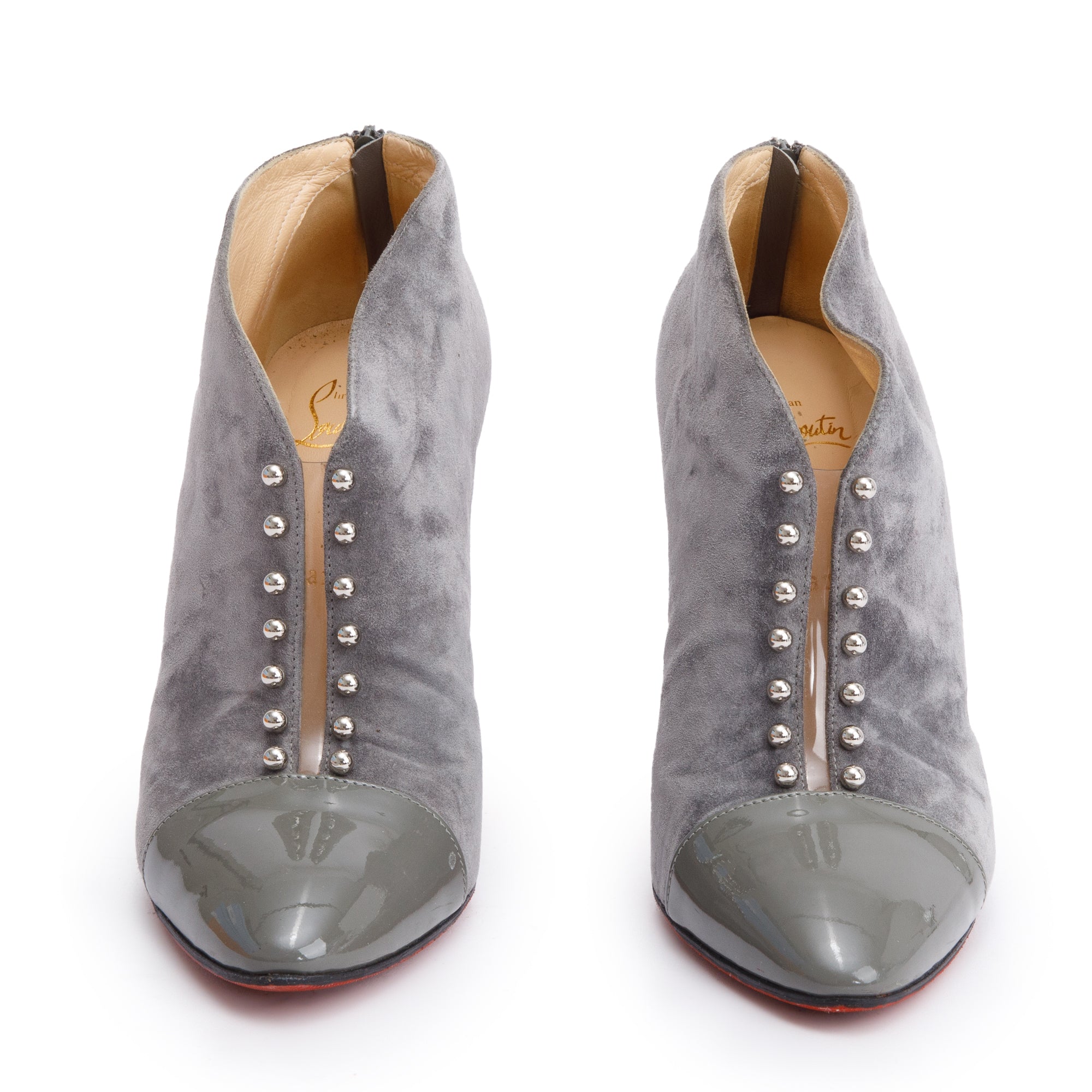 Christian Louboutin Grey Suede Studded Lace-Up Boots, Size 38