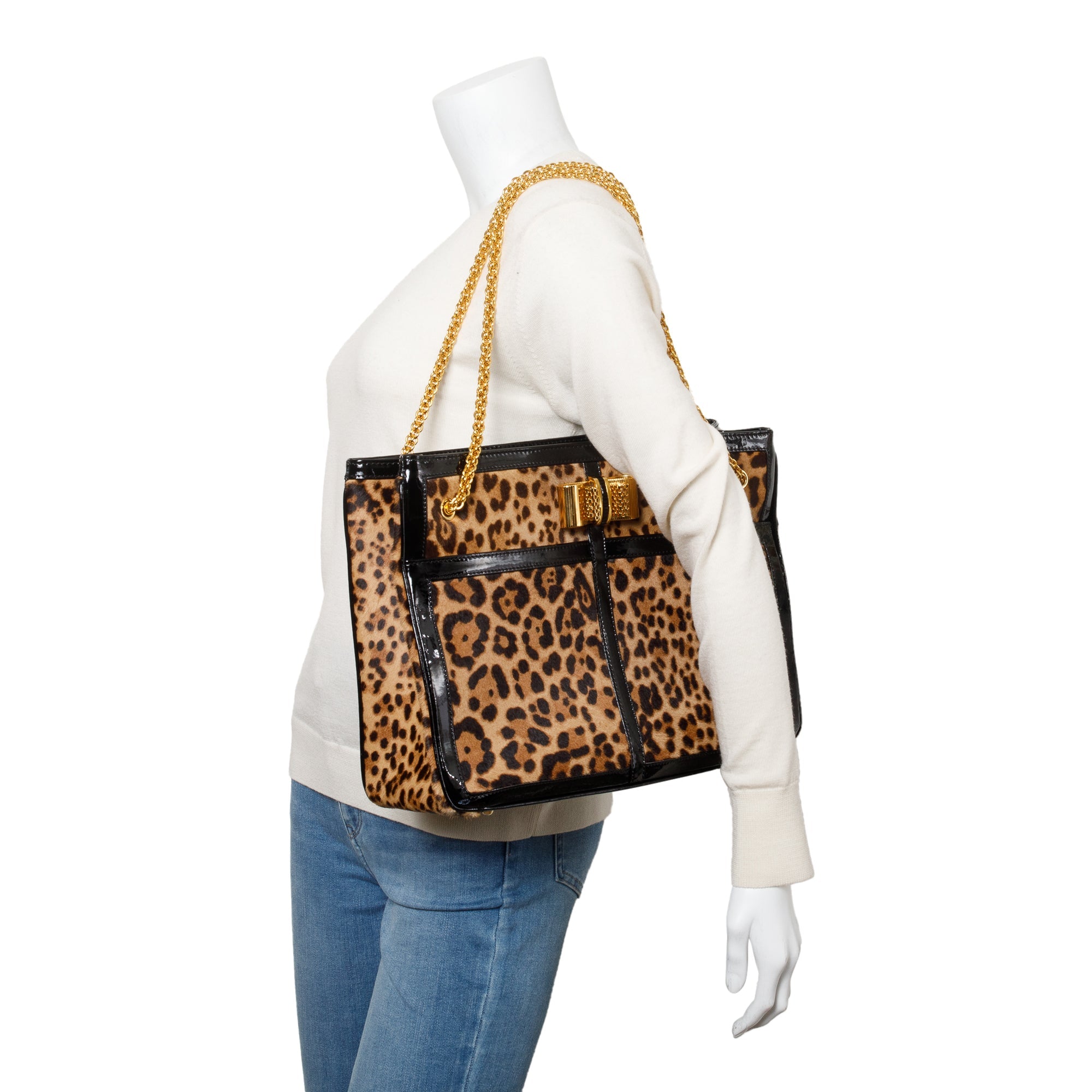 Christian Louboutin Leopard Print Ponyhair Patent Leather Trim Sweet Charity Tote Bag