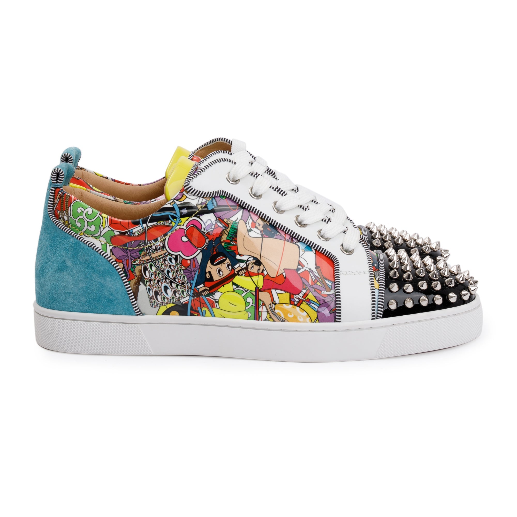 Christian Louboutin Multicolour Comic Print Patent Leather Louis Junior Spikes Orlato Low-Top Sneakers, Size 42 w/ Box