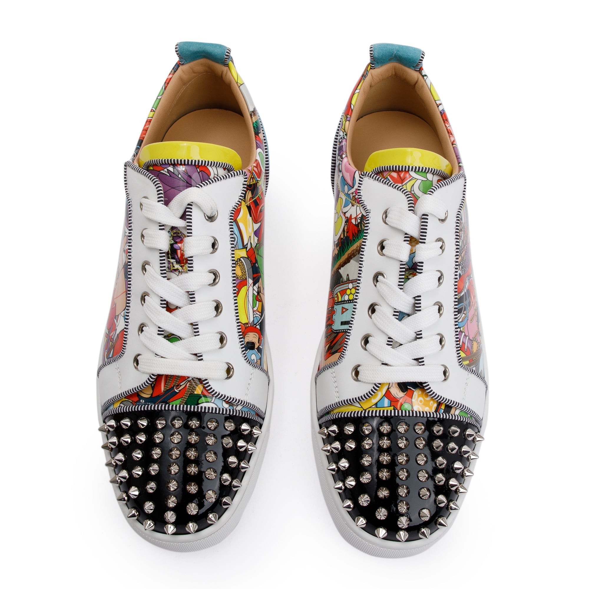 Christian Louboutin Multicolour Comic Print Patent Leather Louis Junior Spikes Orlato Low-Top Sneakers, Size 42 w/ Box