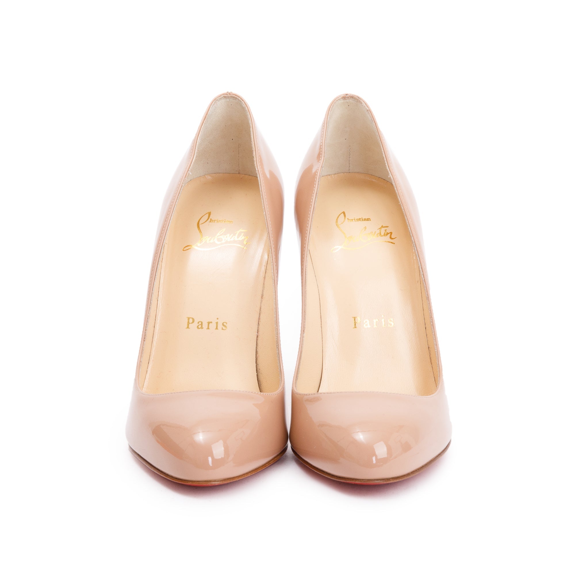 Christian Louboutin Nude Patent Leather Dorissima 100 Pumps, Size 35 w/ Box