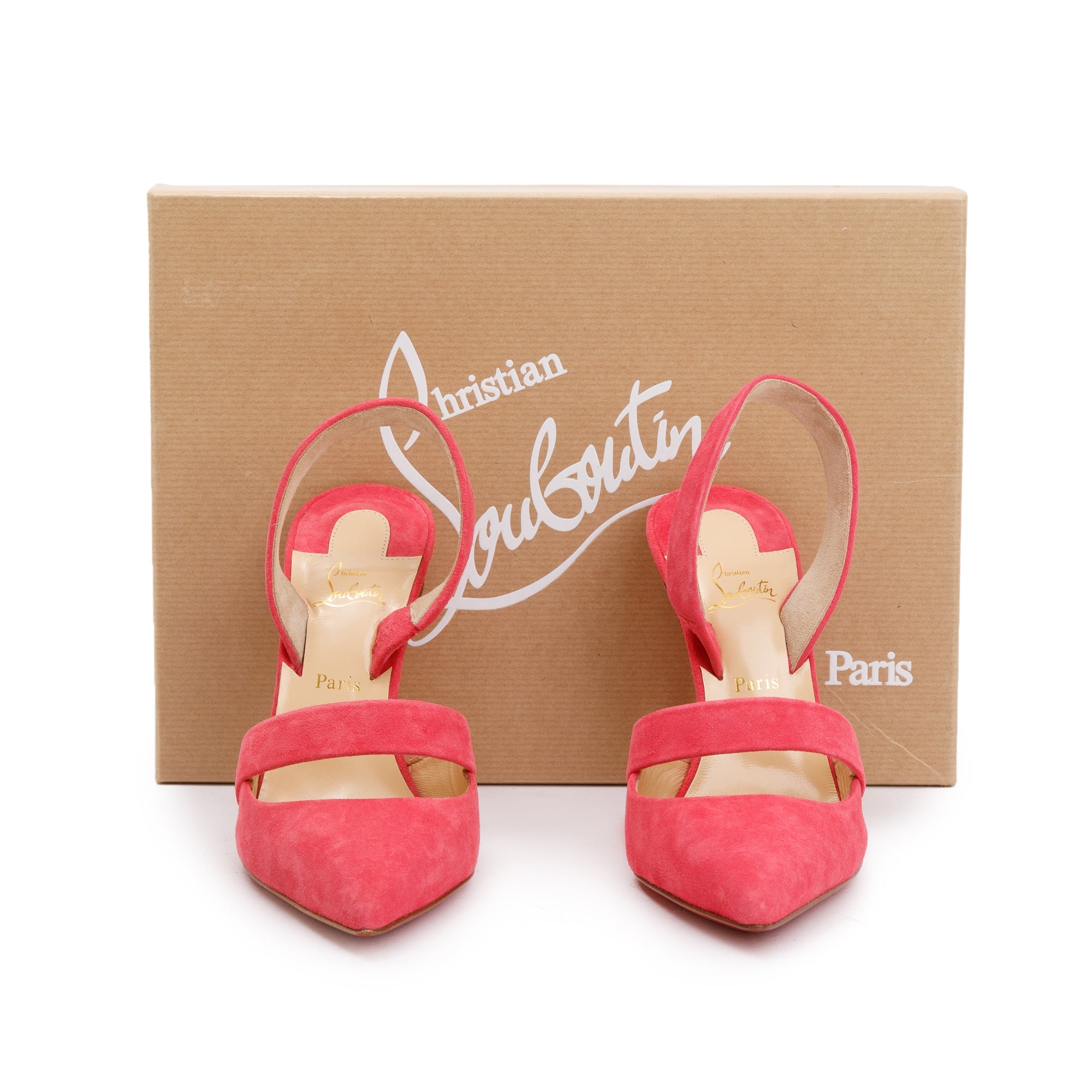 Christian Louboutin Pink Begonia Suede Actina 100 Sandals, Size 36 w/ Box