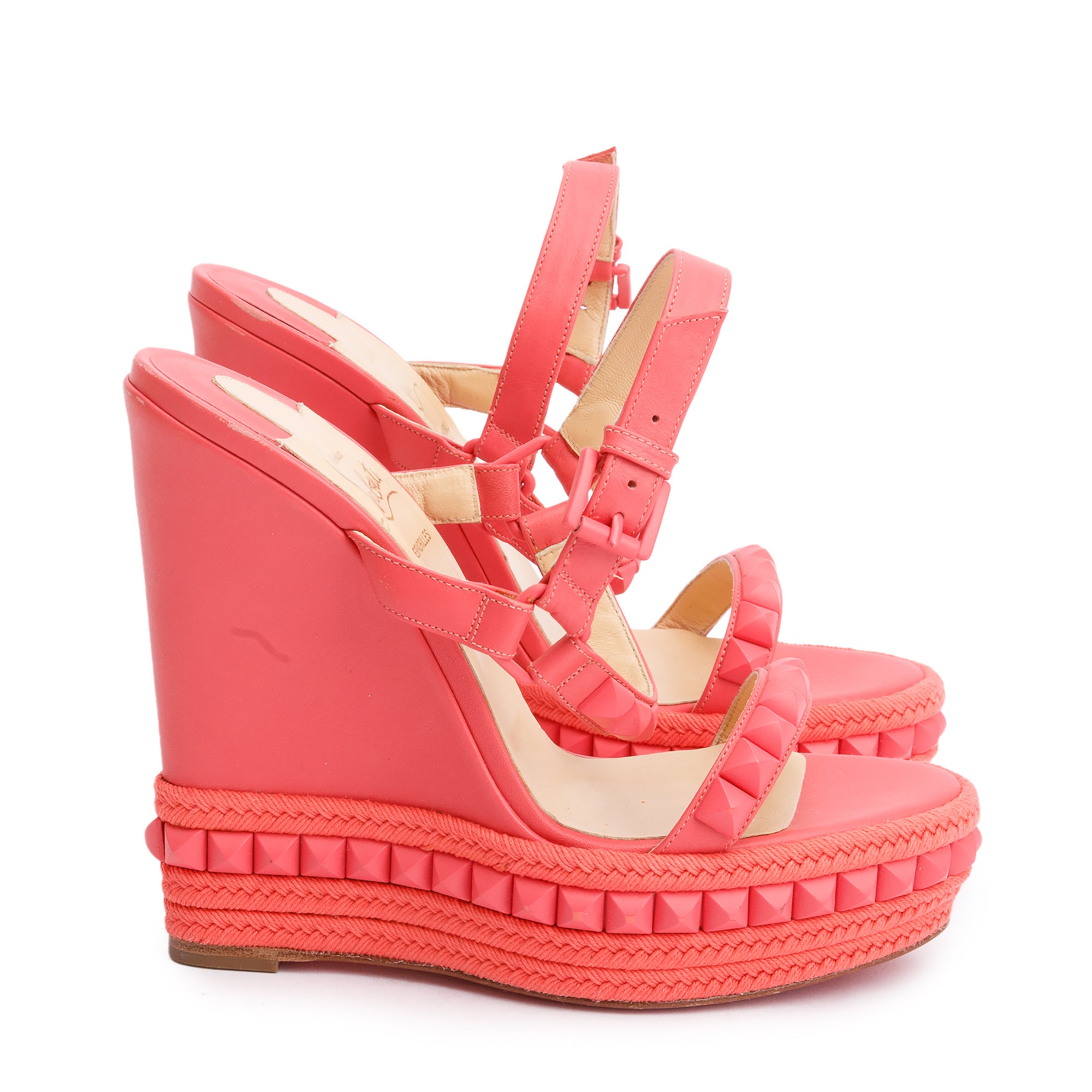 Christian Louboutin Pink Leather Pyraclou Espadrille Wedge Sandals, Size 39
