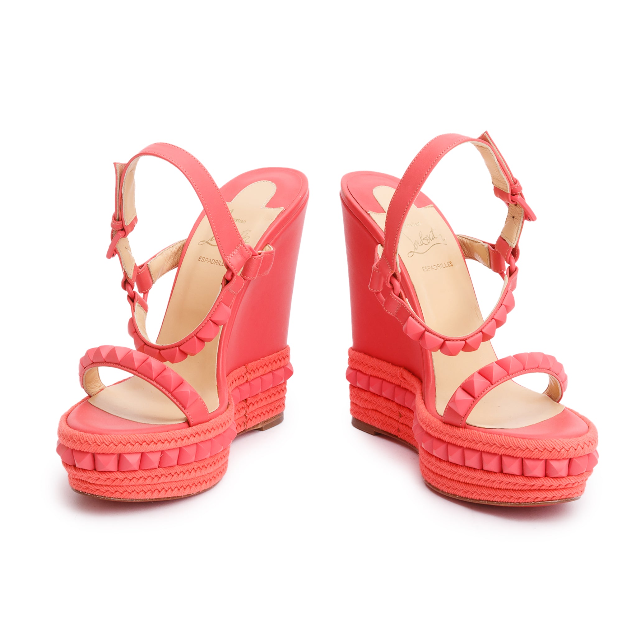 Christian Louboutin Pink Leather Pyraclou Espadrille Wedge Sandals, Size 39