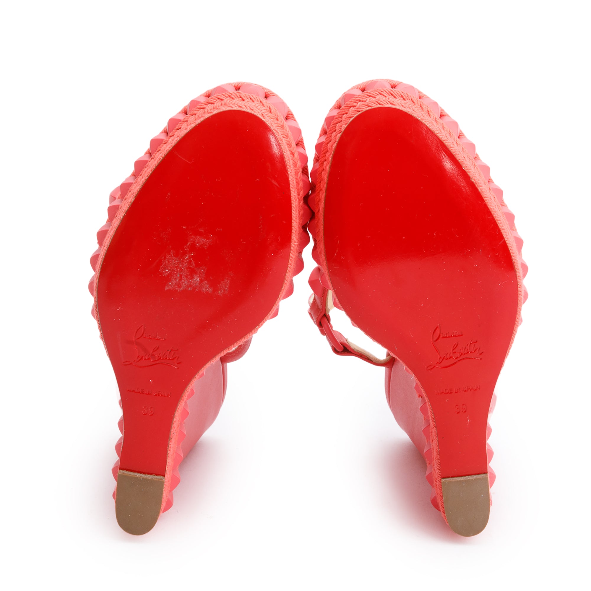 Christian Louboutin Pink Leather Pyraclou Espadrille Wedge Sandals, Size 39