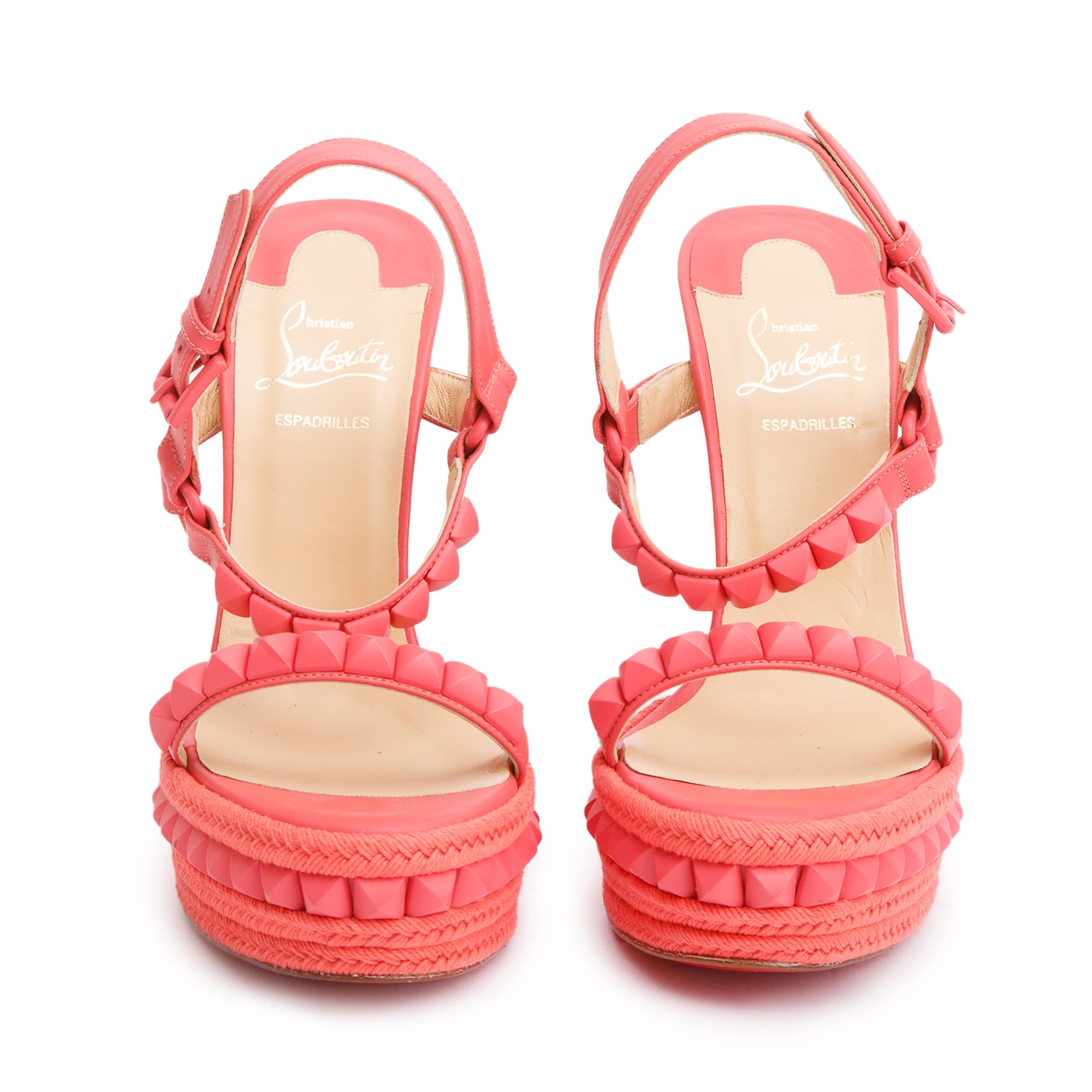 Christian Louboutin Pink Leather Pyraclou Espadrille Wedge Sandals, Size 39