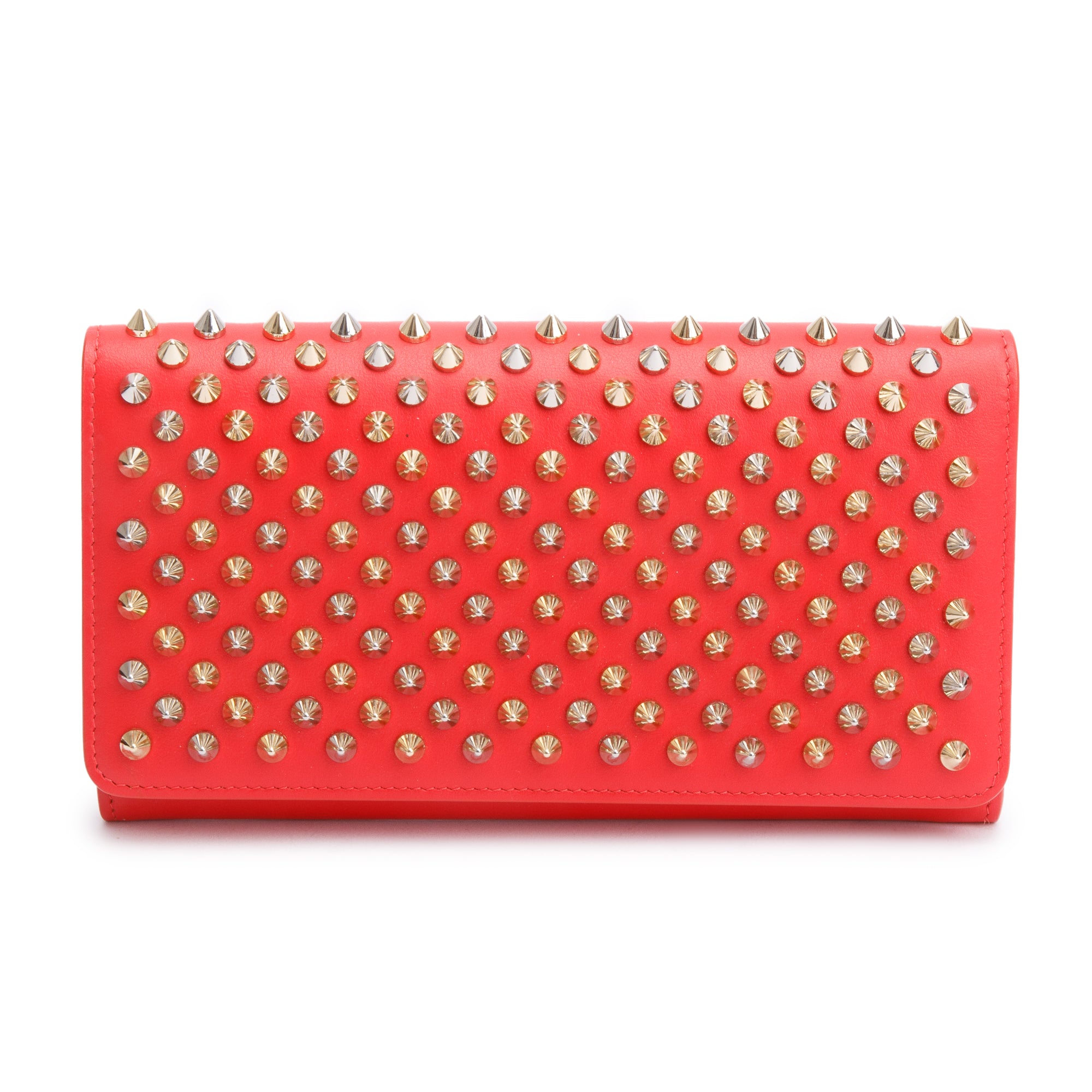 Christian Louboutin Red Leather Macaron Spike Flap Wristlet Wallet