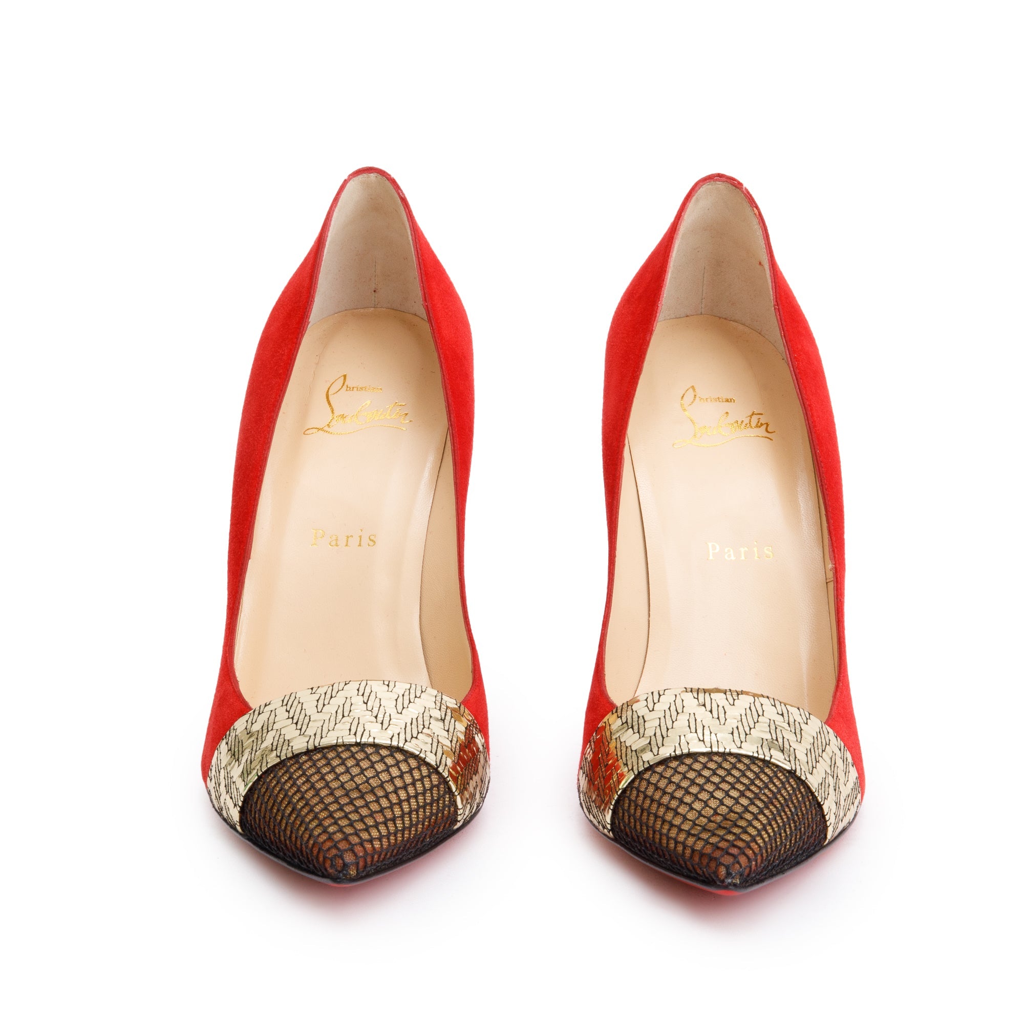 Christian Louboutin Red Suede Black Fishnet Gladiator 100 Pumps, Size 40 w/ Box