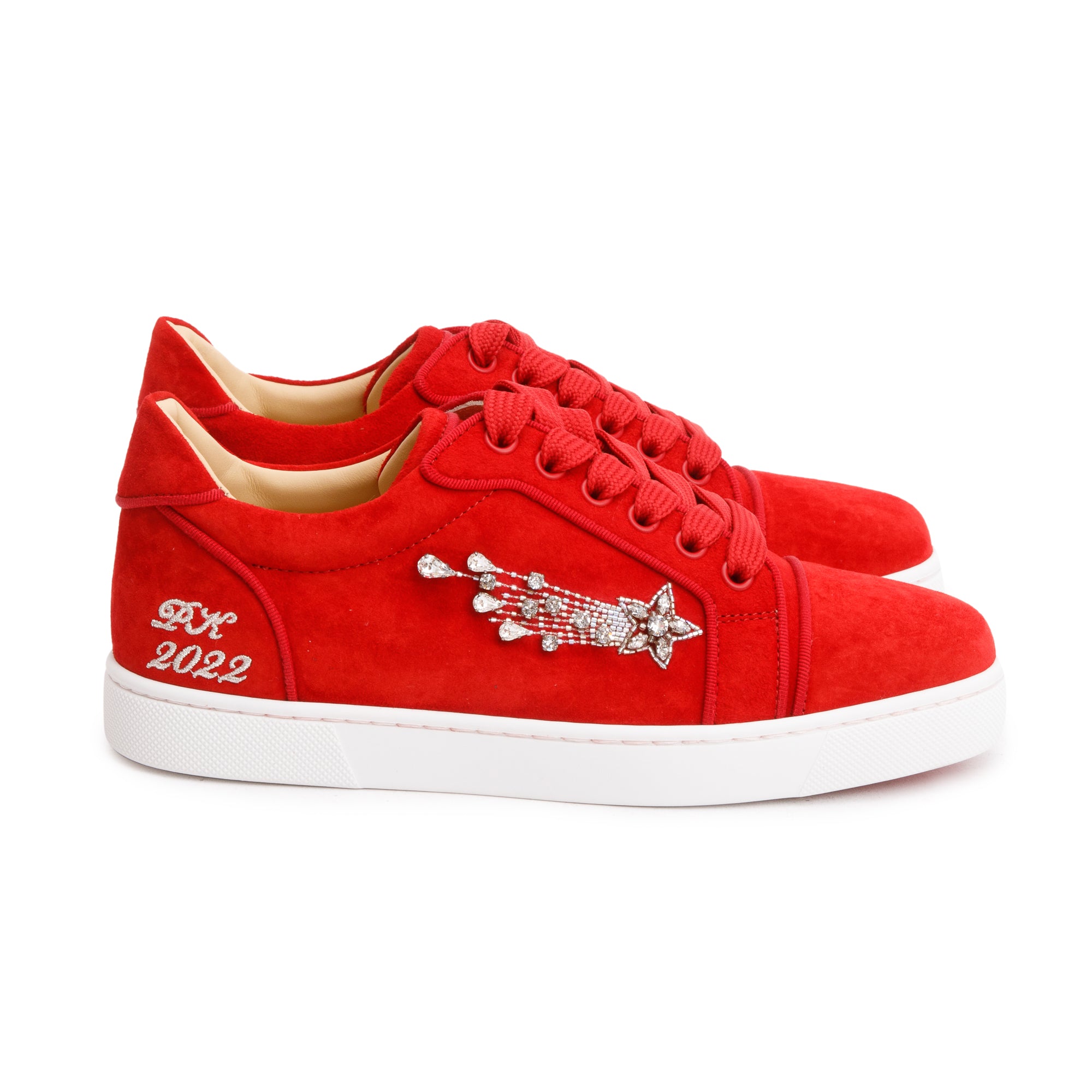 Christian Louboutin Red Suede Crystal Embellished Orlato Reward Low-Top Sneakers, Size 35 w/ Box