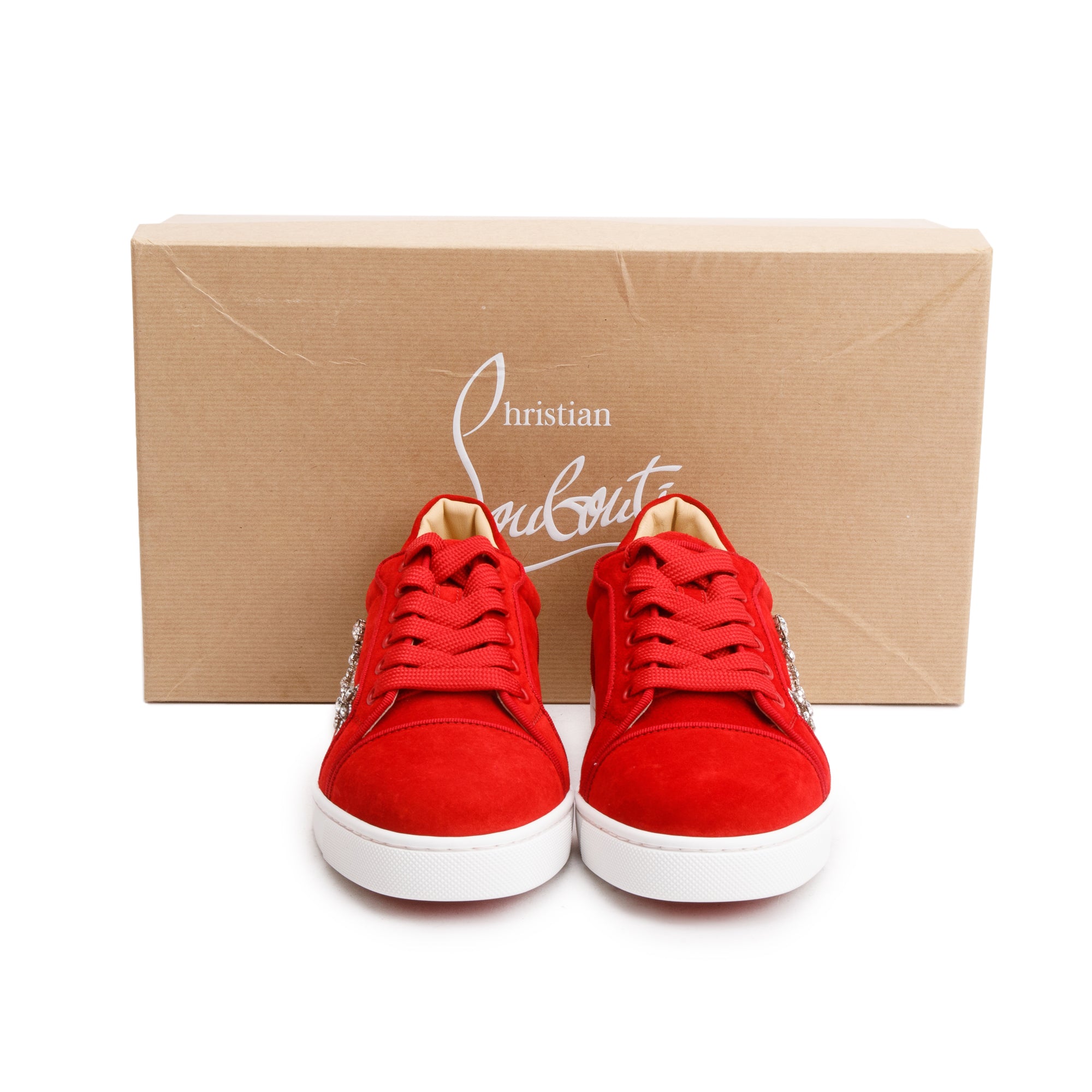 Christian Louboutin Red Suede Crystal Embellished Orlato Reward Low-Top Sneakers, Size 35 w/ Box