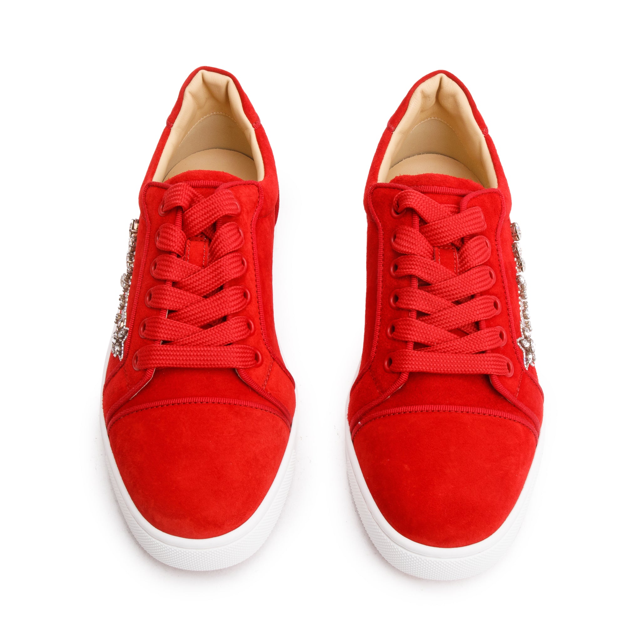 Christian Louboutin Red Suede Crystal Embellished Orlato Reward Low-Top Sneakers, Size 35 w/ Box