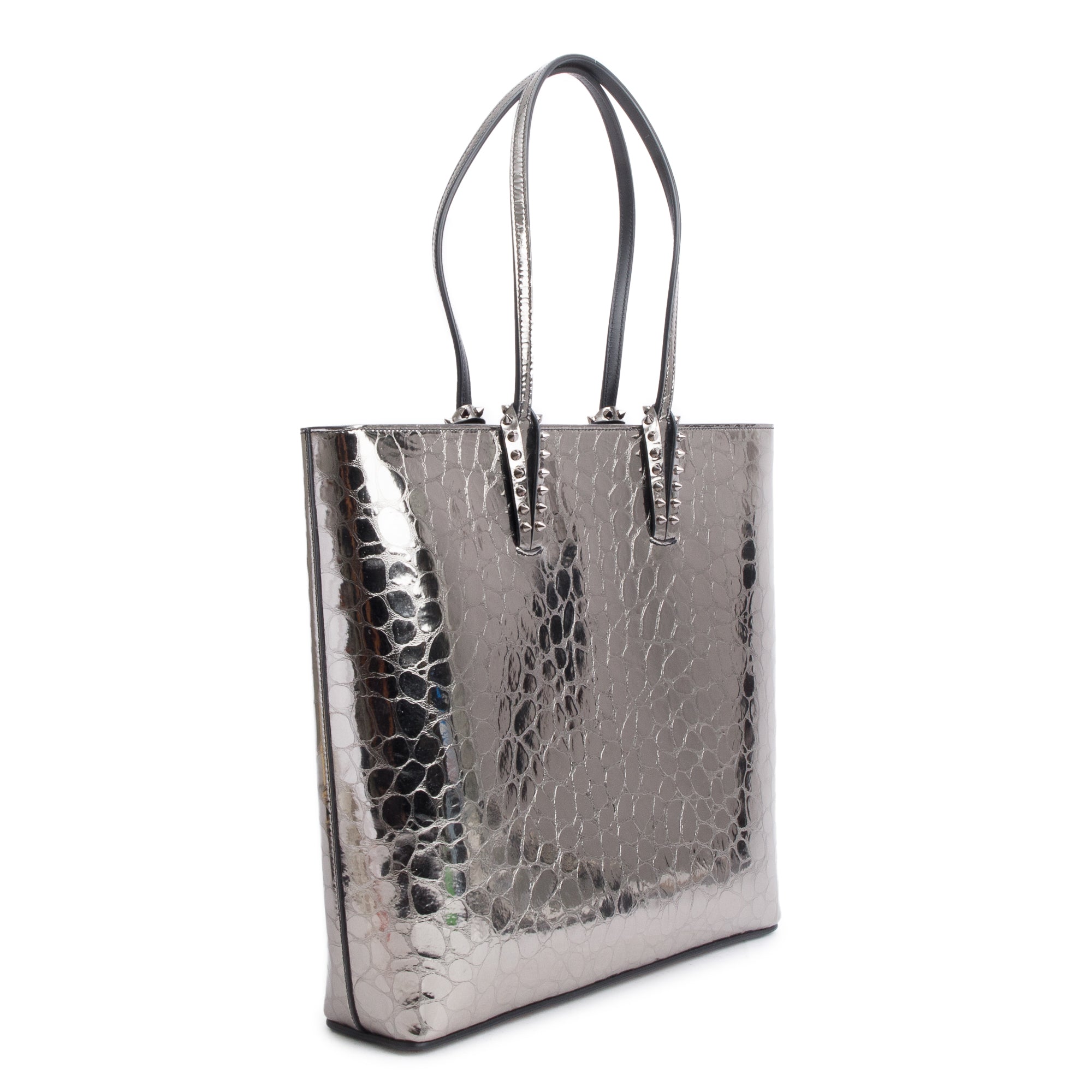 Christian Louboutin Silver Metallic Croc Embossed Patent Leather Spike Cabata Tote Bag