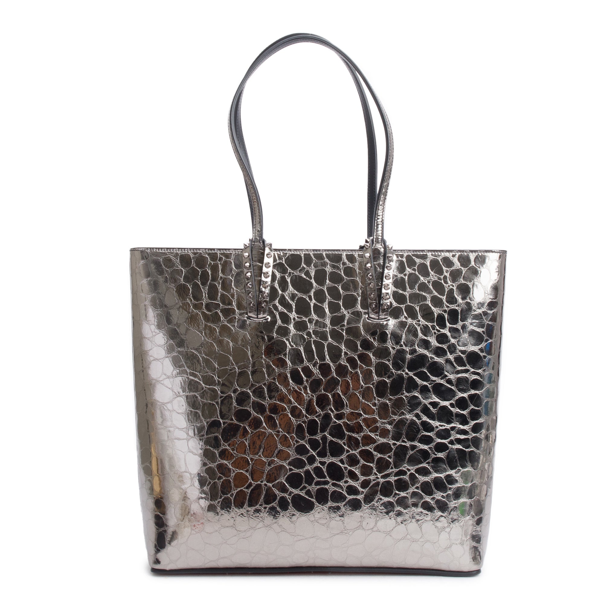 Christian Louboutin Silver Metallic Croc Embossed Patent Leather Spike Cabata Tote Bag