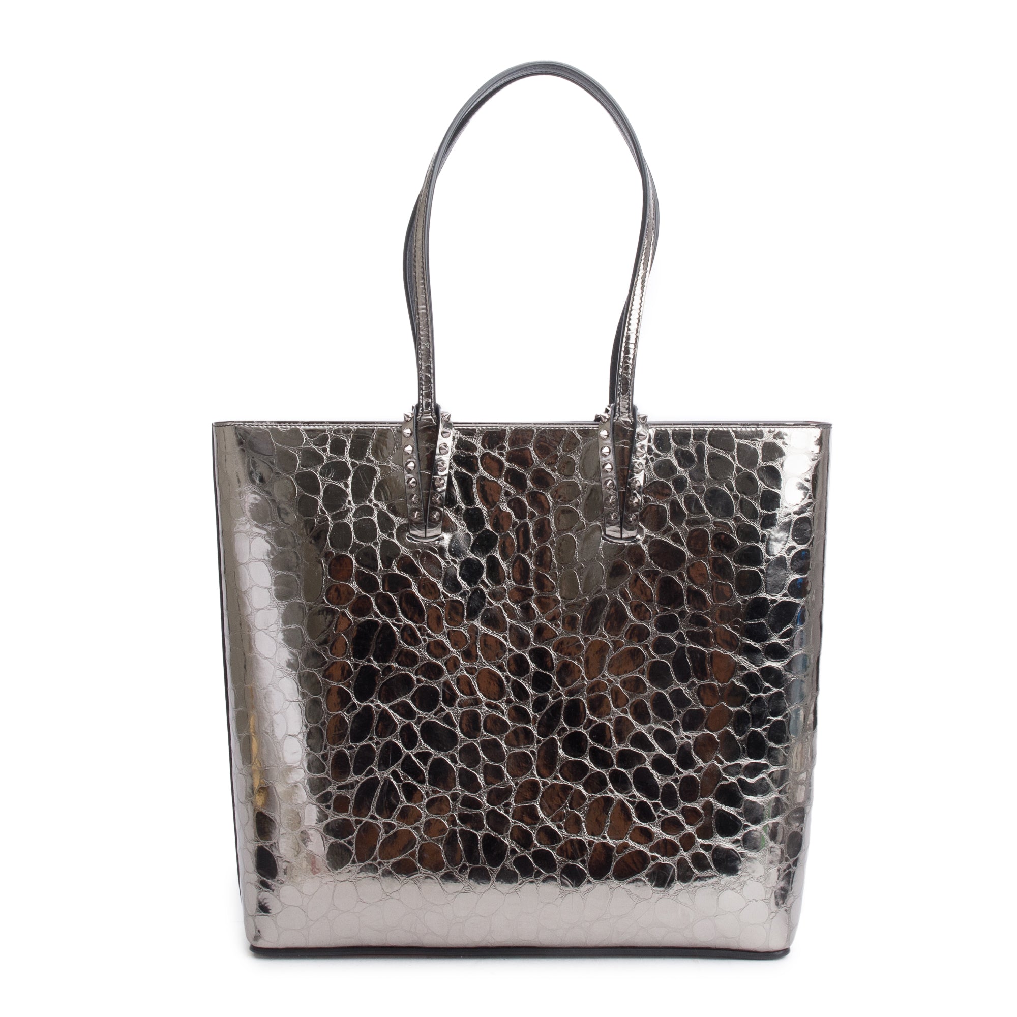 Christian Louboutin Silver Metallic Croc Embossed Patent Leather Spike Cabata Tote Bag