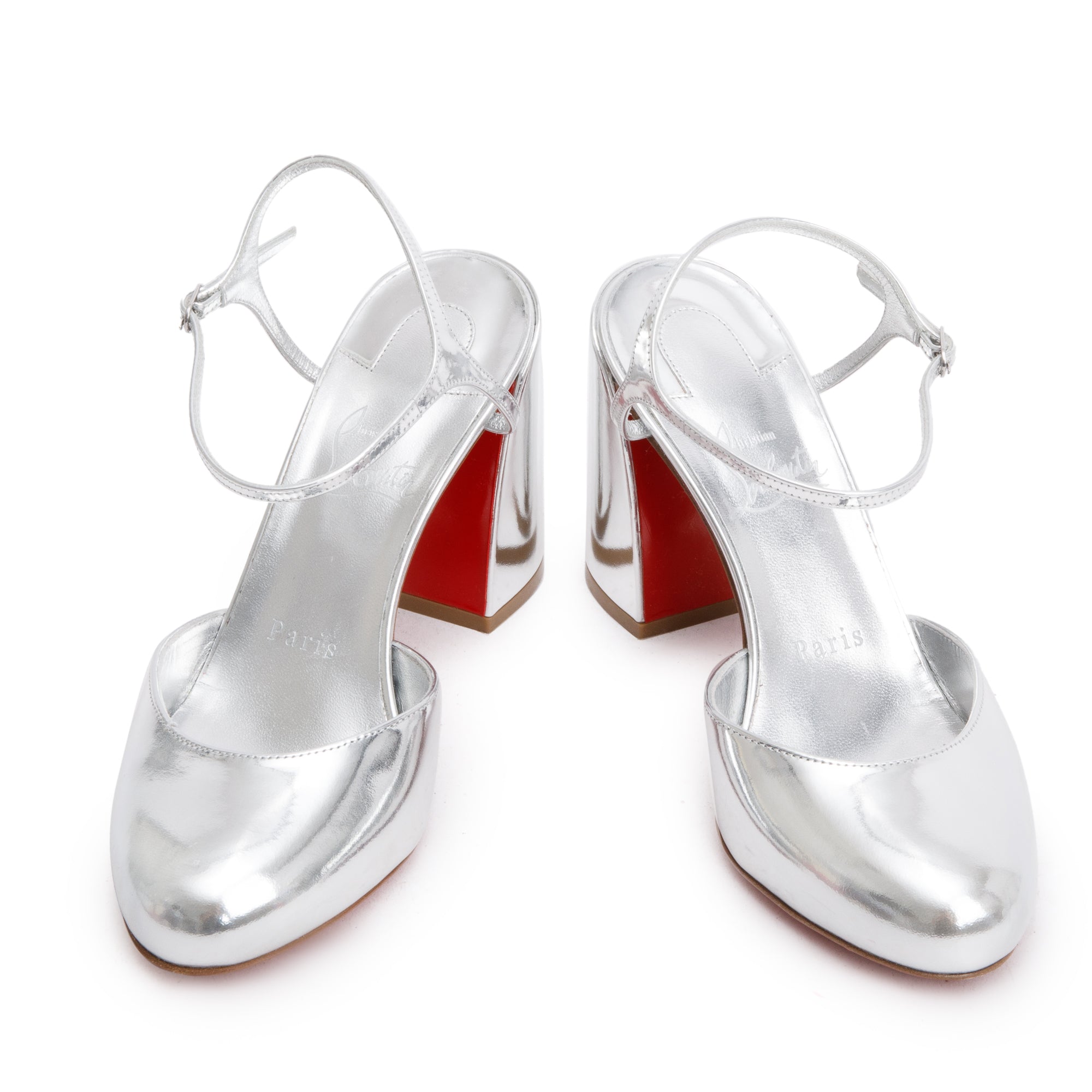 Christian Louboutin Silver Patent Leather Jane 85 Pumps, Size 36