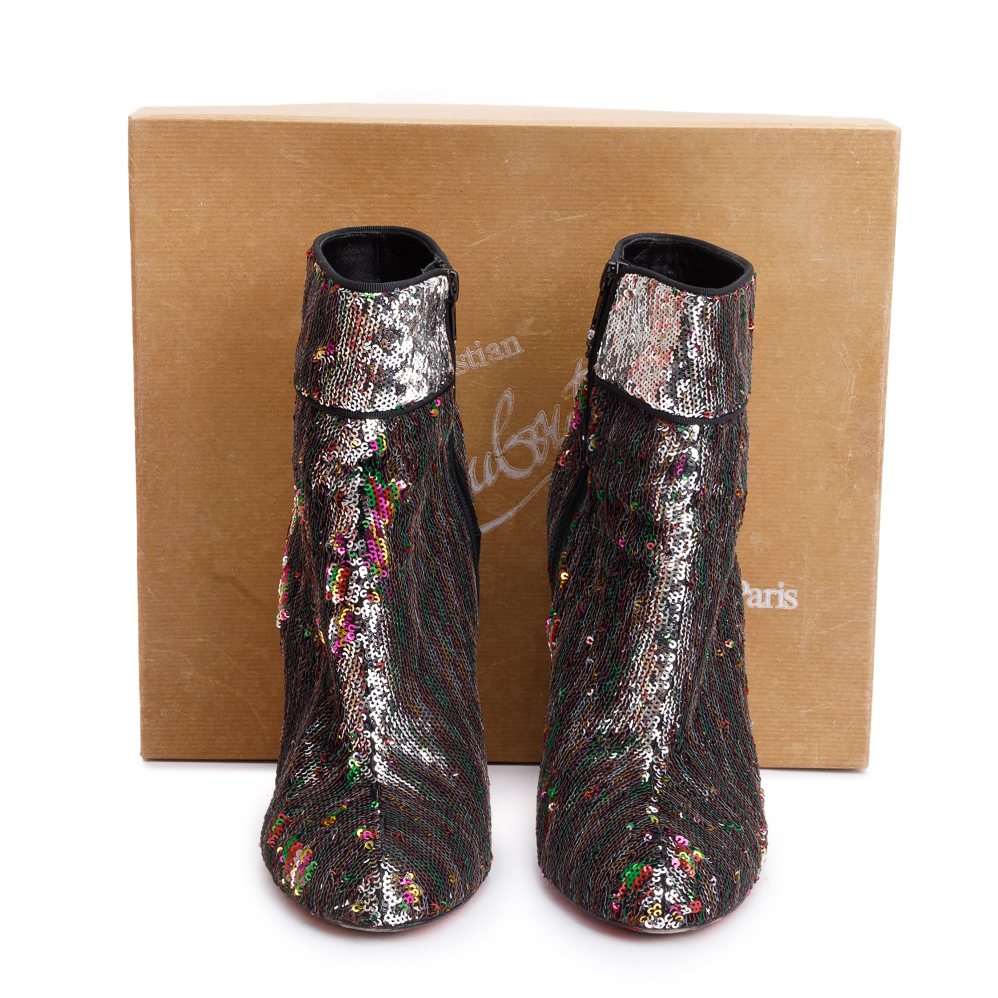 Christian Louboutin Silver Sequin Moulamax 100 Ankle Boots, Size 41 w/ Box
