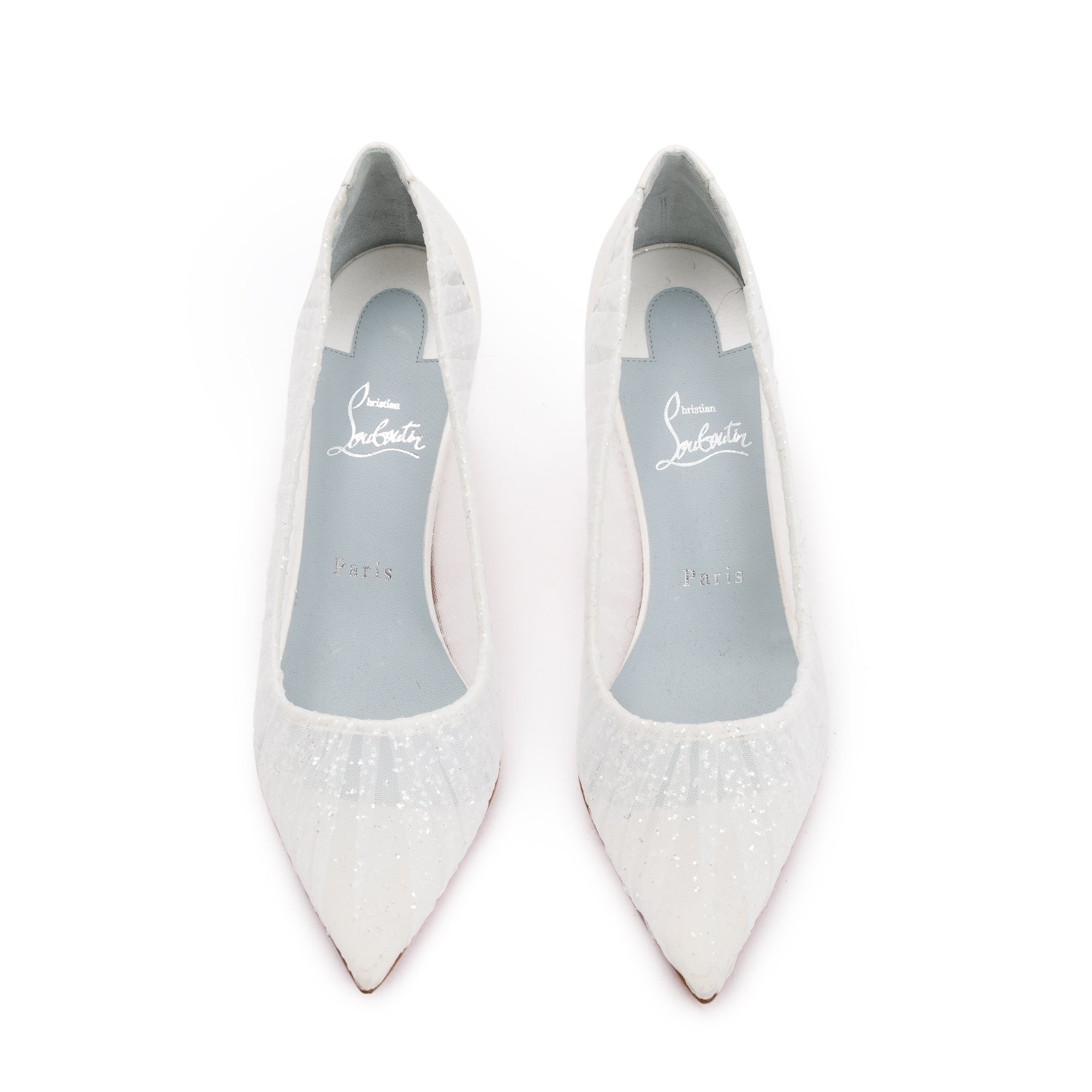 Christian Louboutin White Satin Lace Glitter Kate Draperia Pumps, Size 40 w/ Box