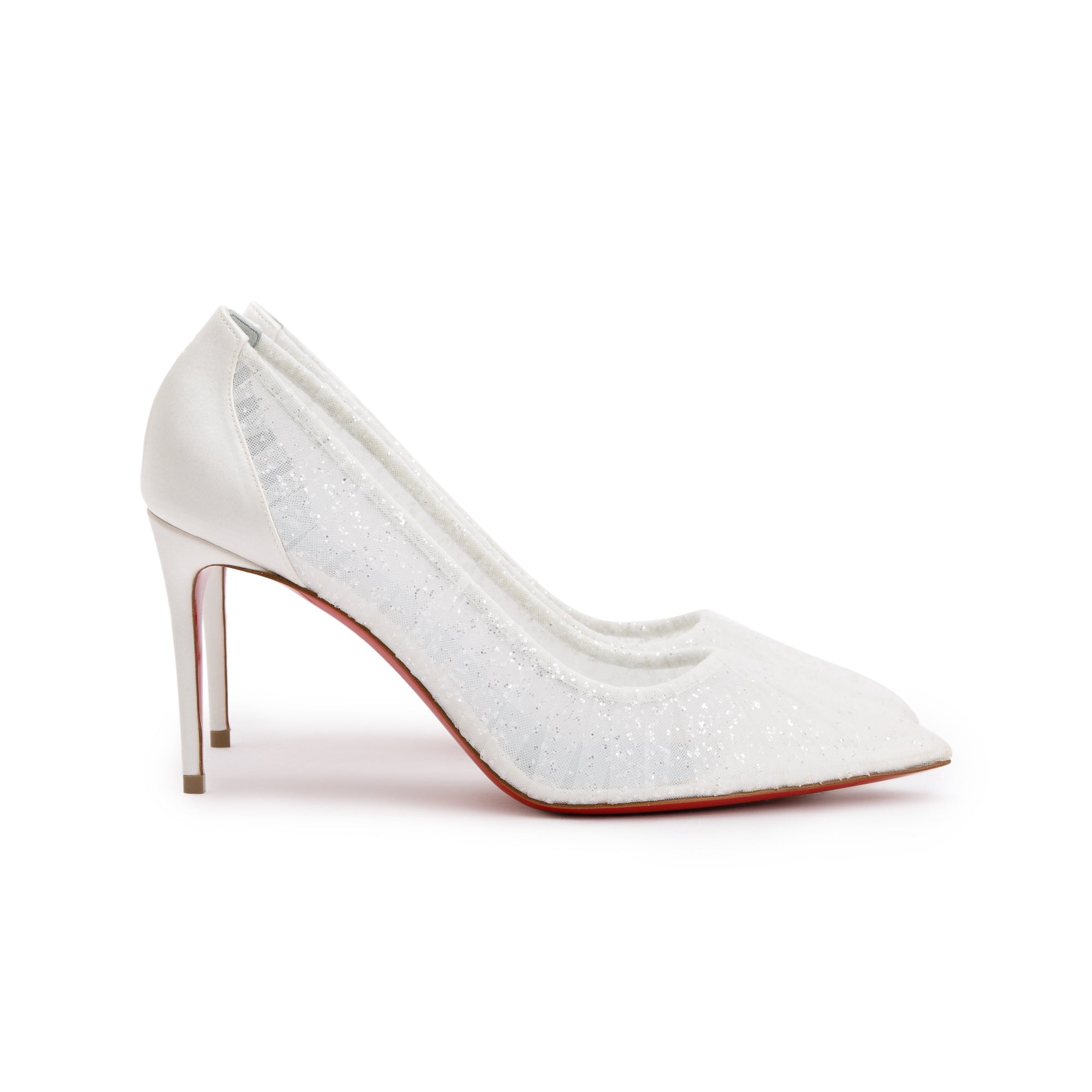 Christian Louboutin White Satin Lace Glitter Kate Draperia Pumps, Size 40 w/ Box