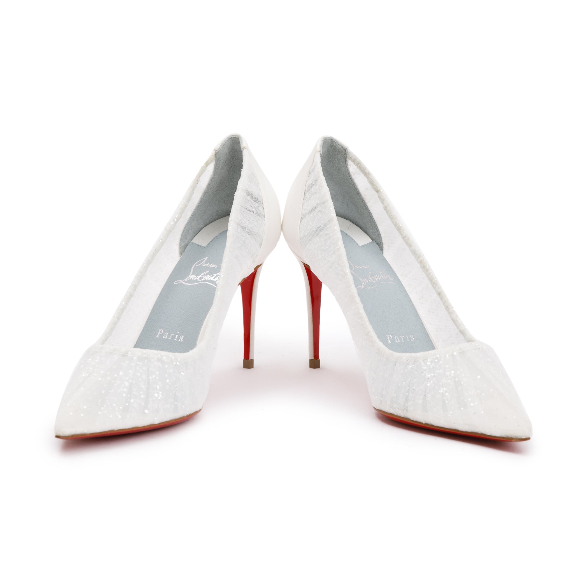 Christian Louboutin White Satin Lace Glitter Kate Draperia Pumps, Size 40 w/ Box