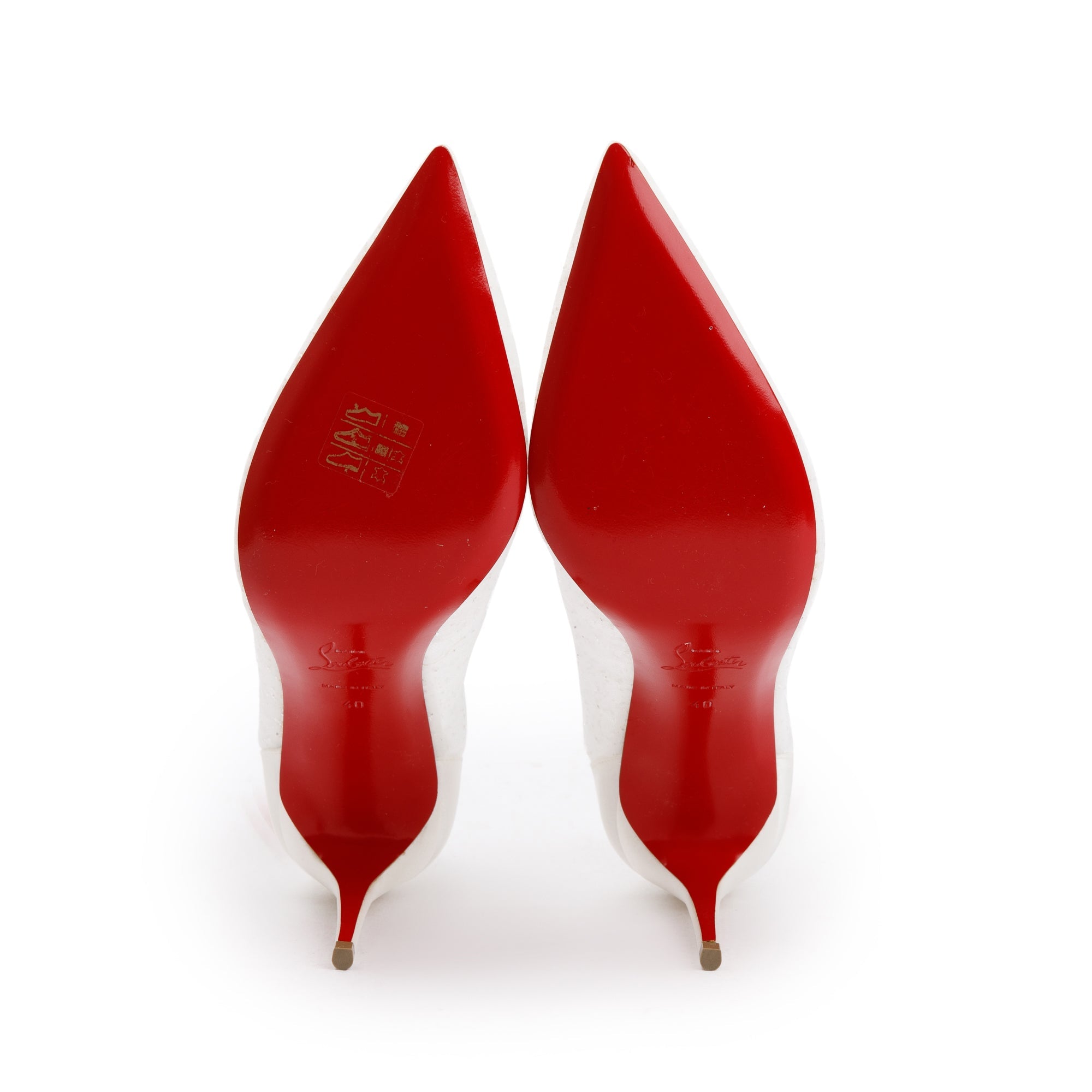 Christian Louboutin White Satin Lace Glitter Kate Draperia Pumps, Size 40 w/ Box