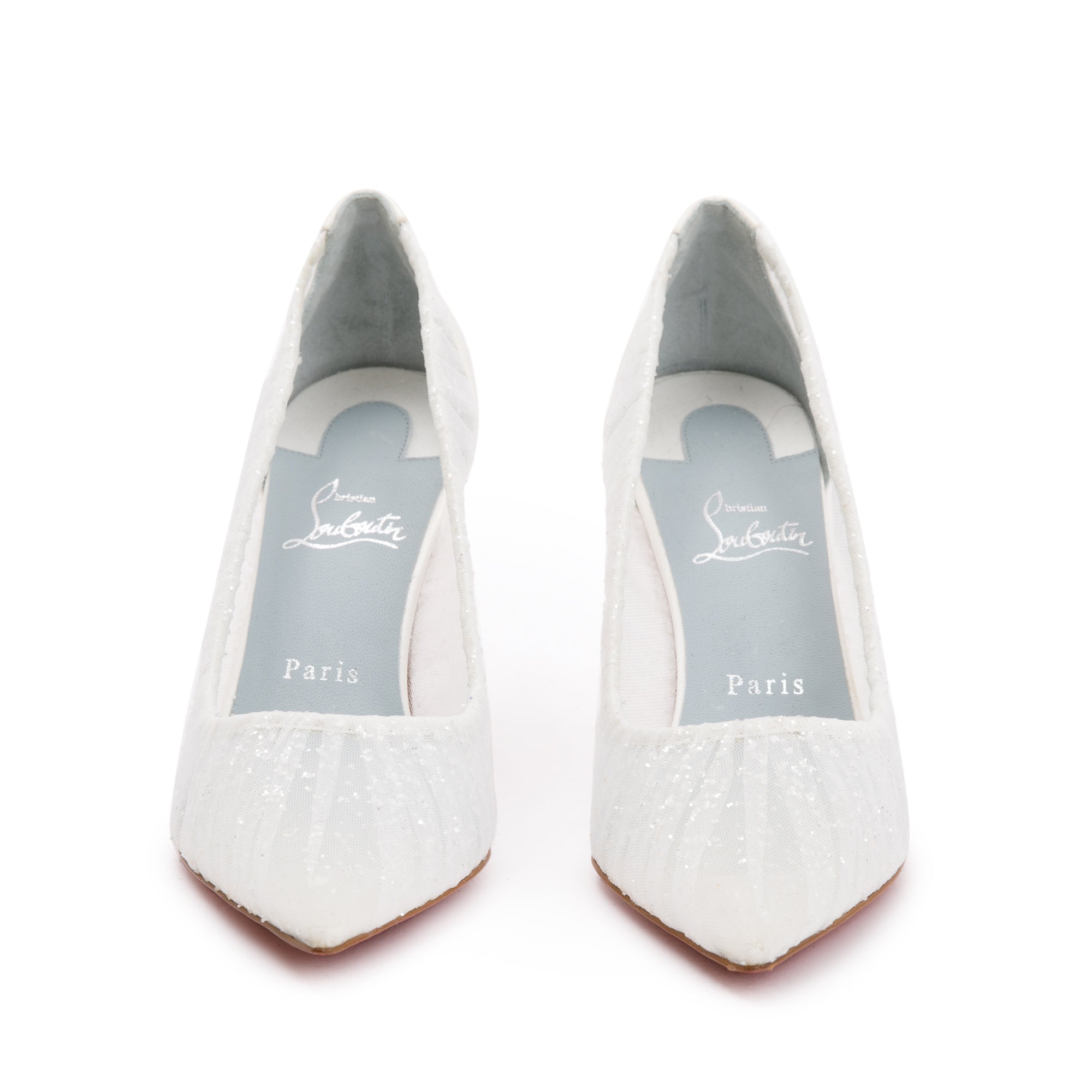 Christian Louboutin White Satin Lace Glitter Kate Draperia Pumps, Size 40 w/ Box