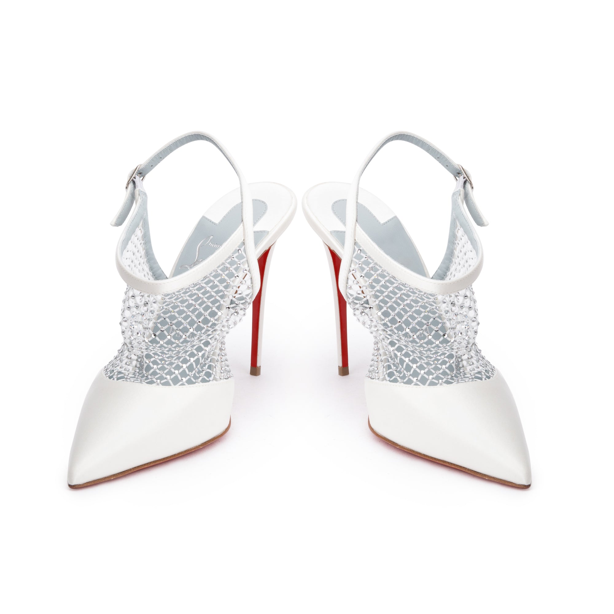 Christian Louboutin White Satin Mesh Strass Plougesta Slingback Pumps, Size 39.5
