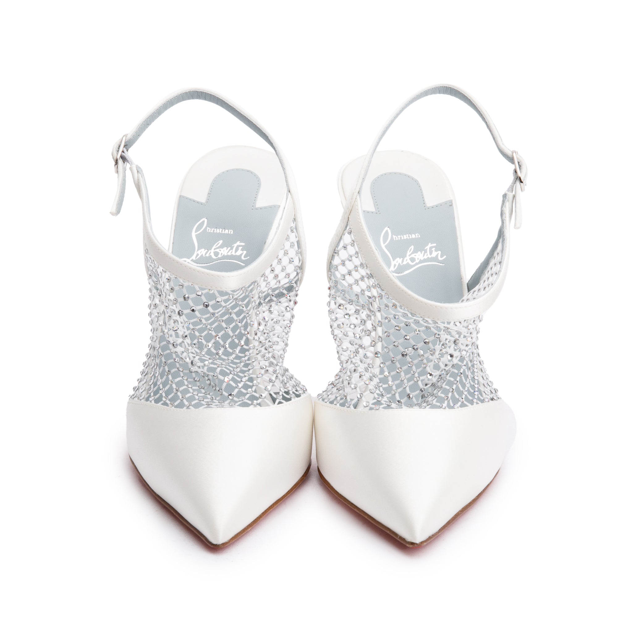 Christian Louboutin White Satin Mesh Strass Plougesta Slingback Pumps, Size 39.5