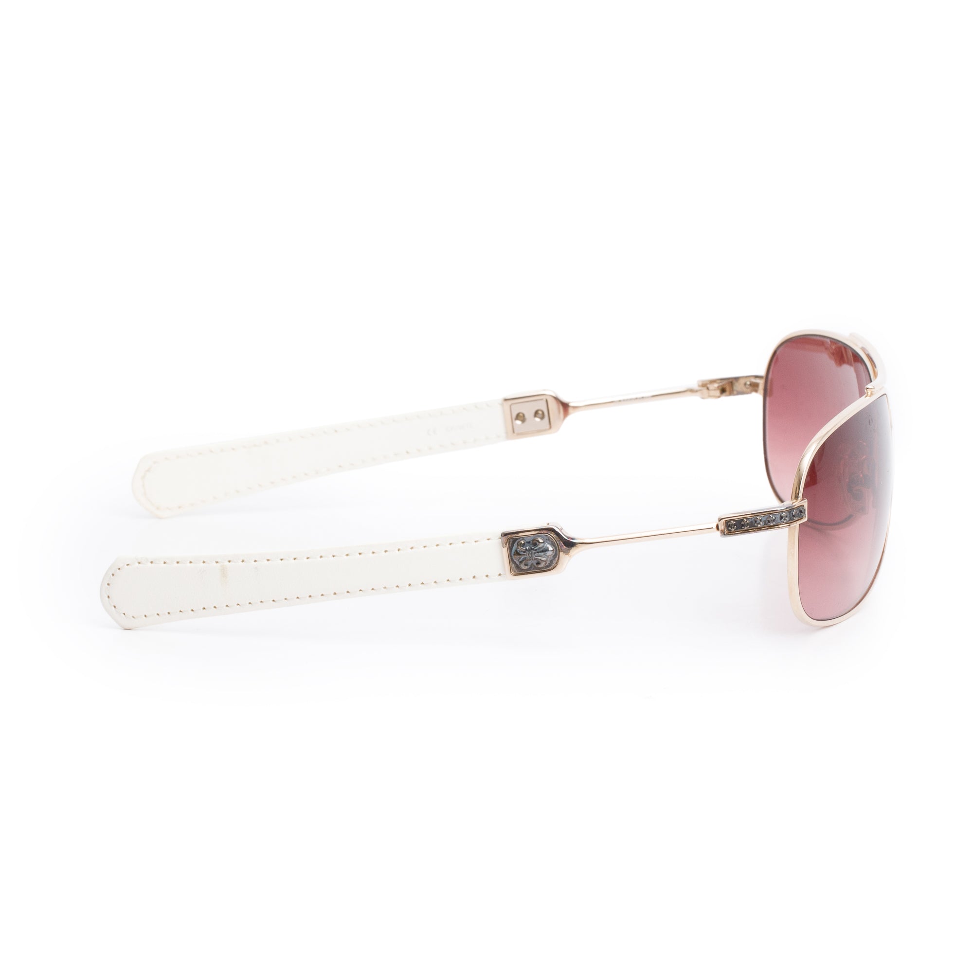 Chrome Hearts Rose Gold Tone Metal White Leather Classic Elite Aviator Sunglasses w/ Case