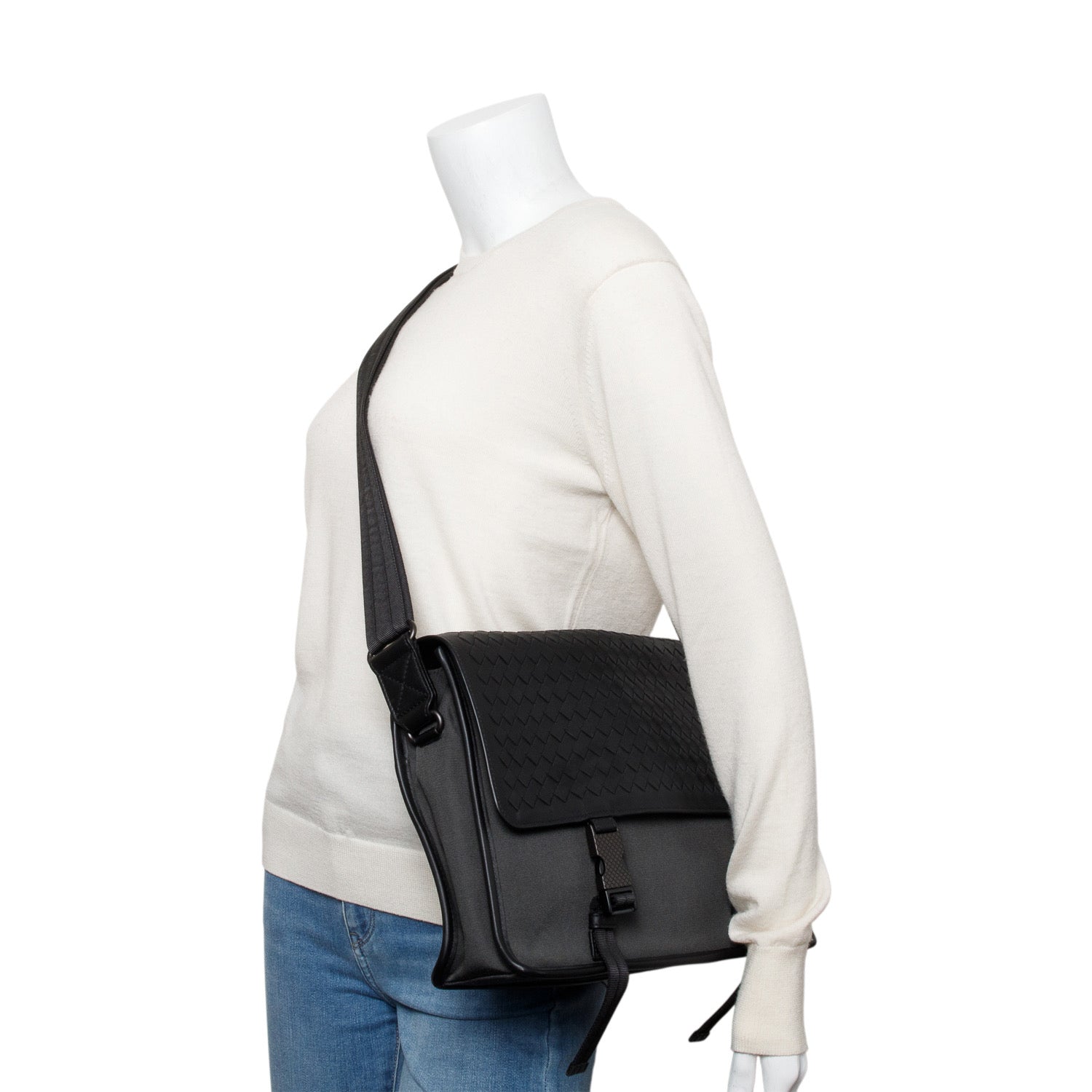 Bottega Veneta Black Intrecciato Leather Canvas Flap Messenger Bag