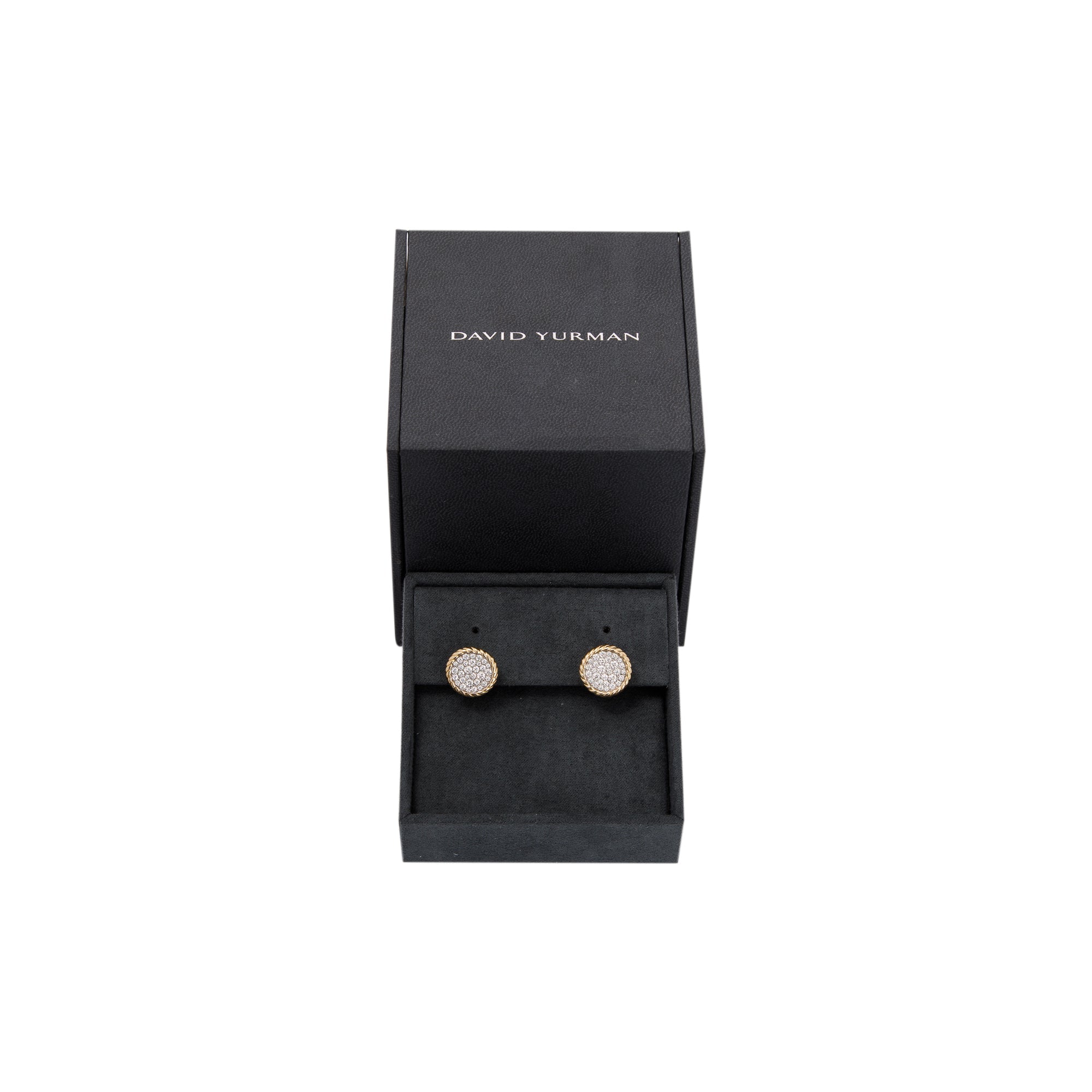 David Yurman 18k Gold Pave Diamond Elements Button Stud Earrings w/ Box