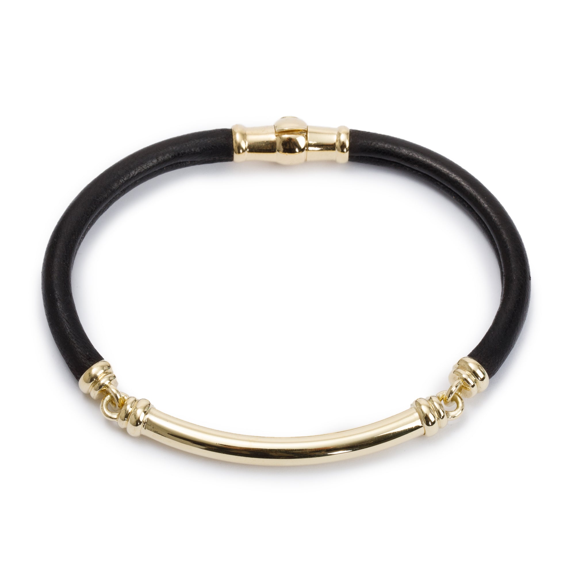 David Yurman 18k Yellow Gold Black Leather Bracelet
