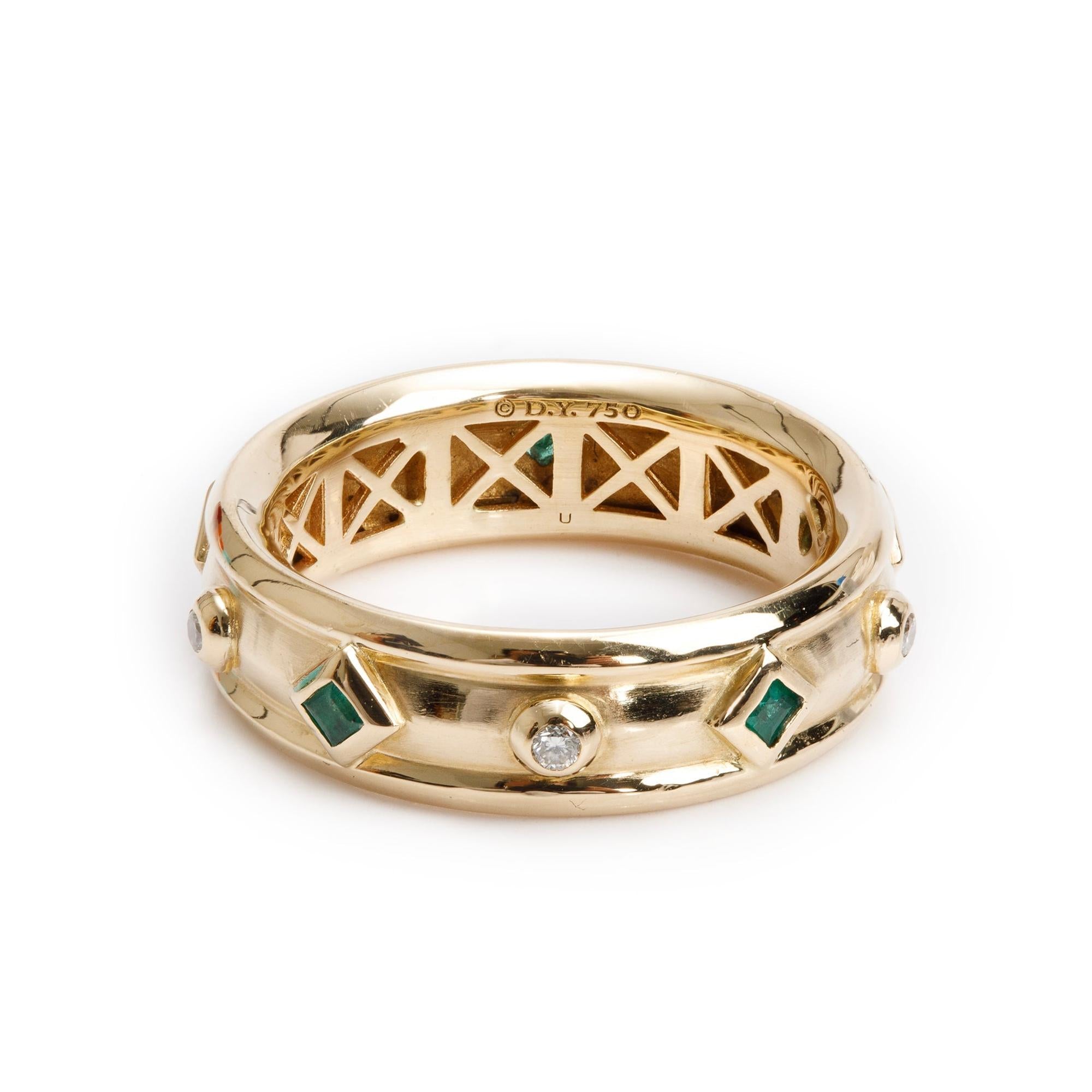 David Yurman 18k Yellow Gold Diamond & Emerald Modern Renaissance 6.6 MM Band Ring, Size 7.25
