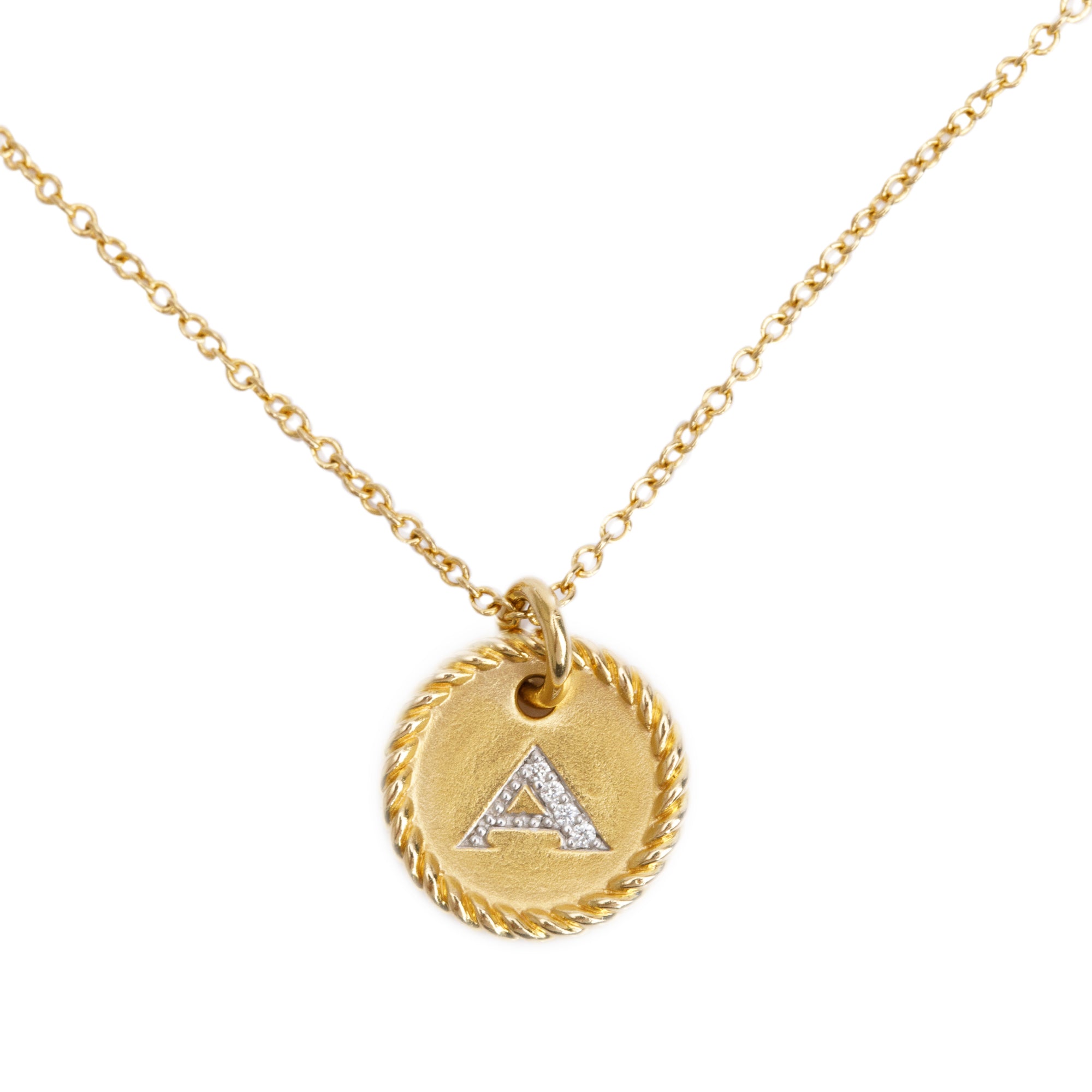 David Yurman 18k Yellow Gold Diamond Initial 'A' Charm Pendant Necklace